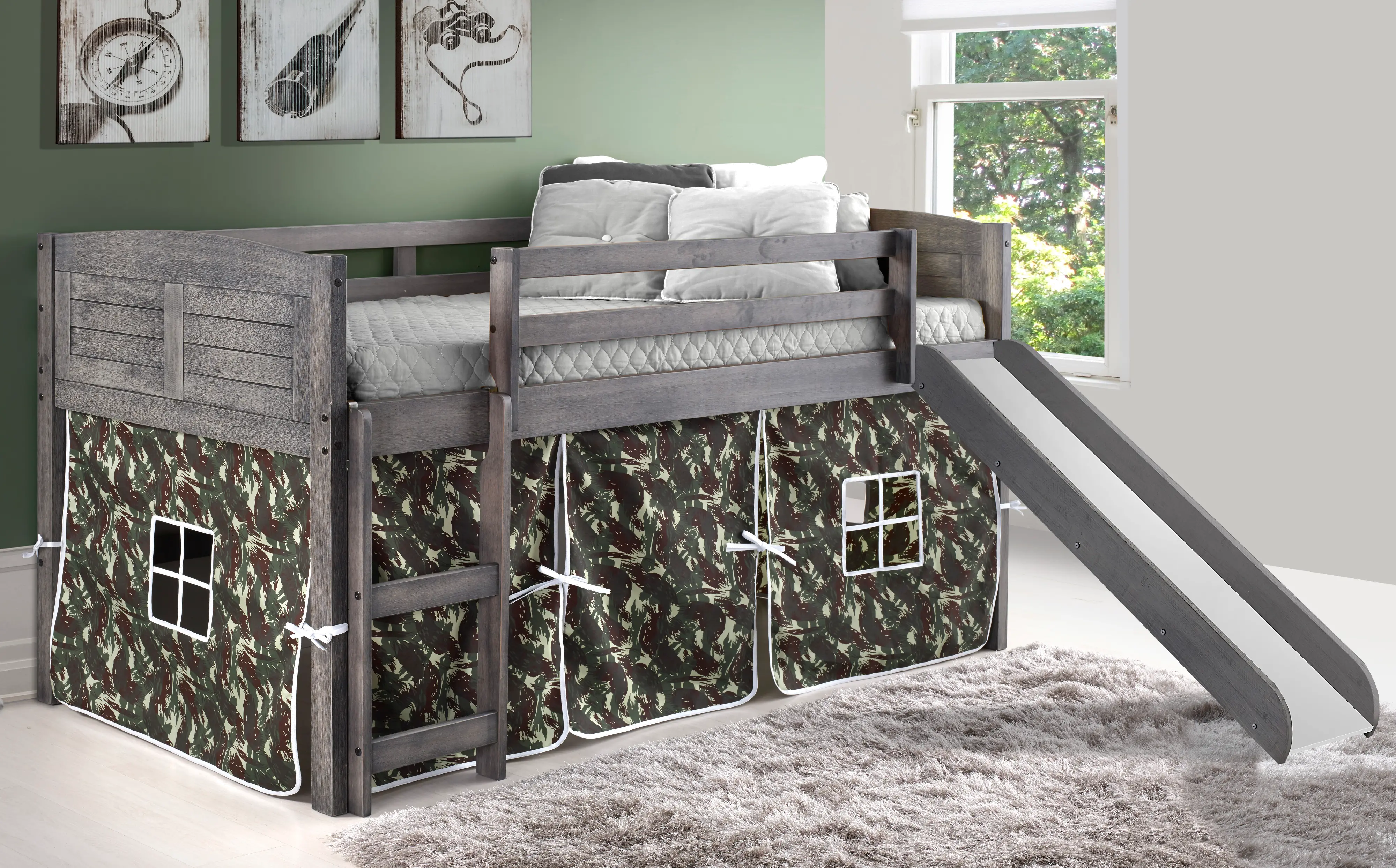 Louver Antique Gray Twin Loft Bed with Camo Tent and Slide-1