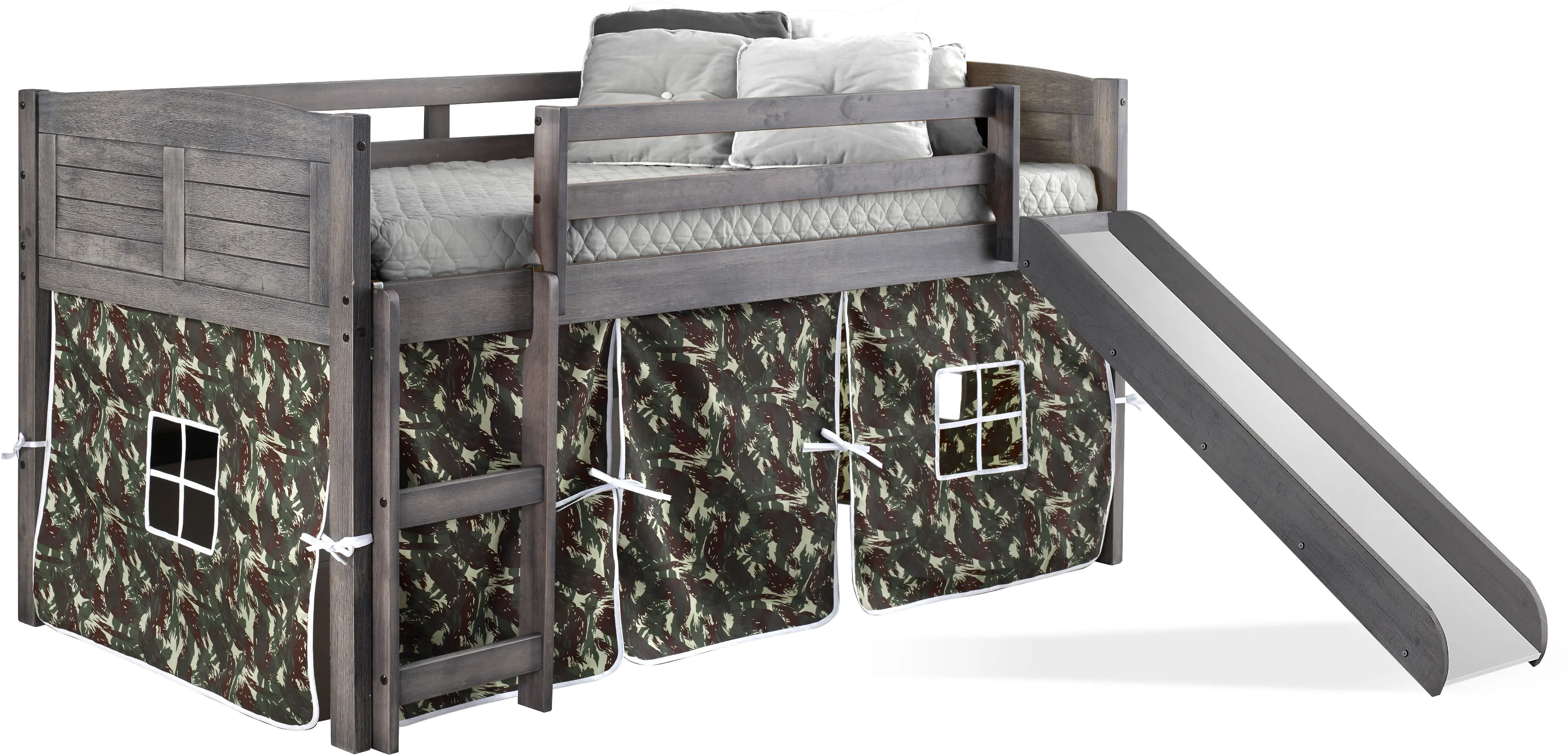 Louver Antique Gray Twin Loft Bed with Camo Tent and Slide-2