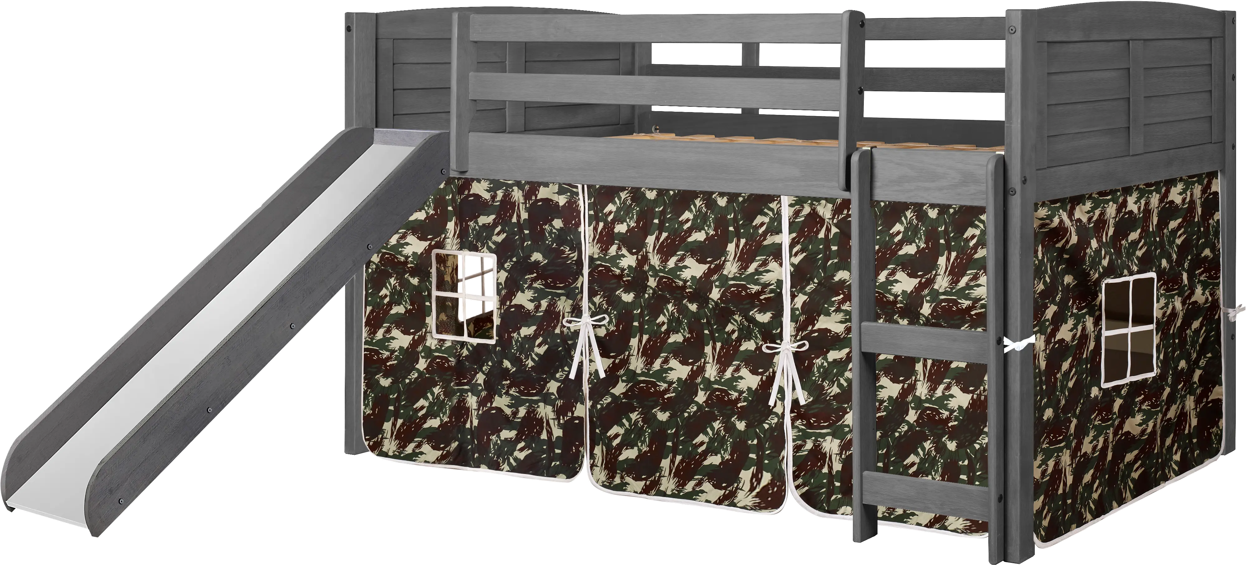Louver Antique Gray Twin Loft Bed with Camo Tent and Slide-3