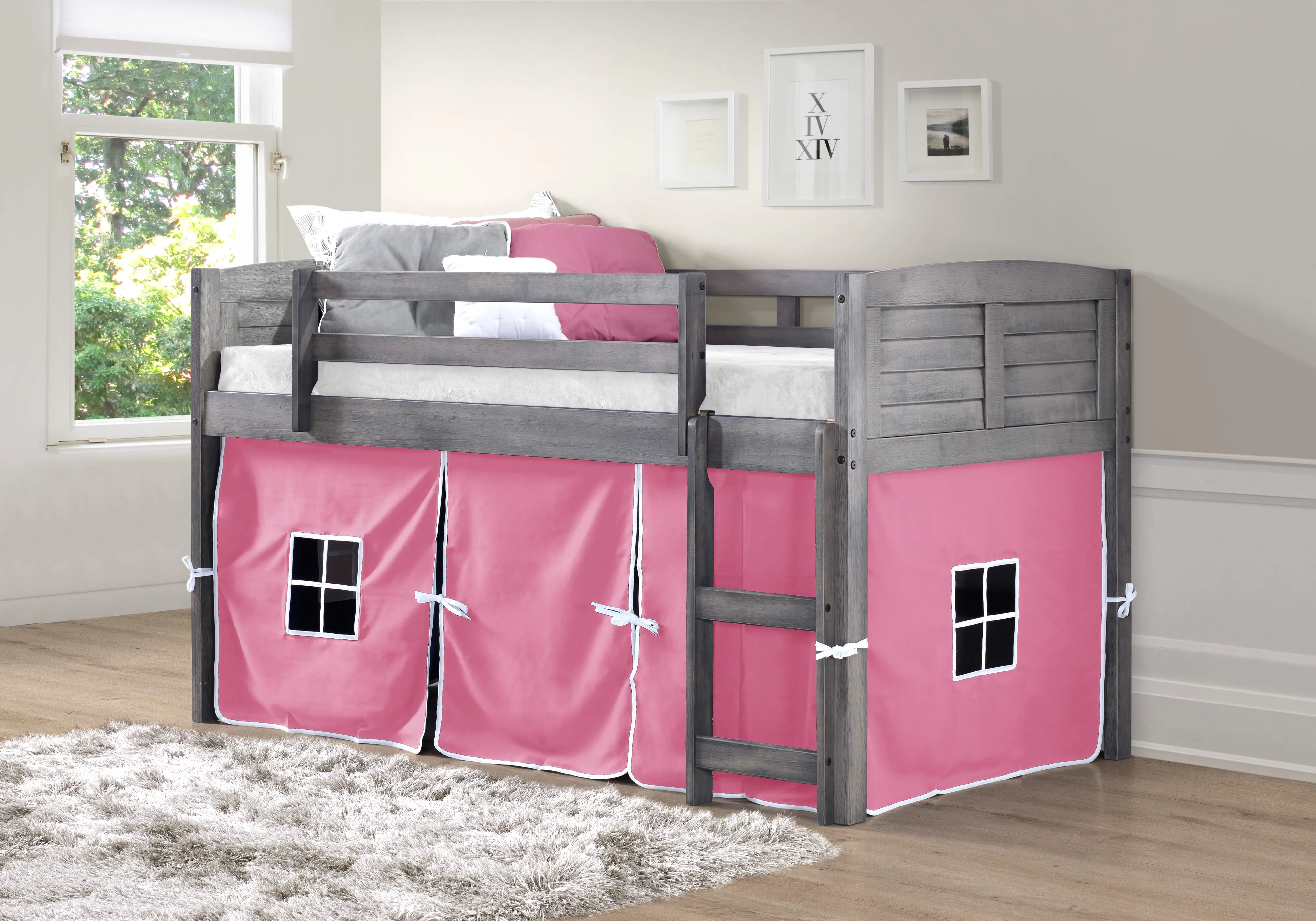 Louver Antique Gray Twin Loft Bed with Pink Tent-1