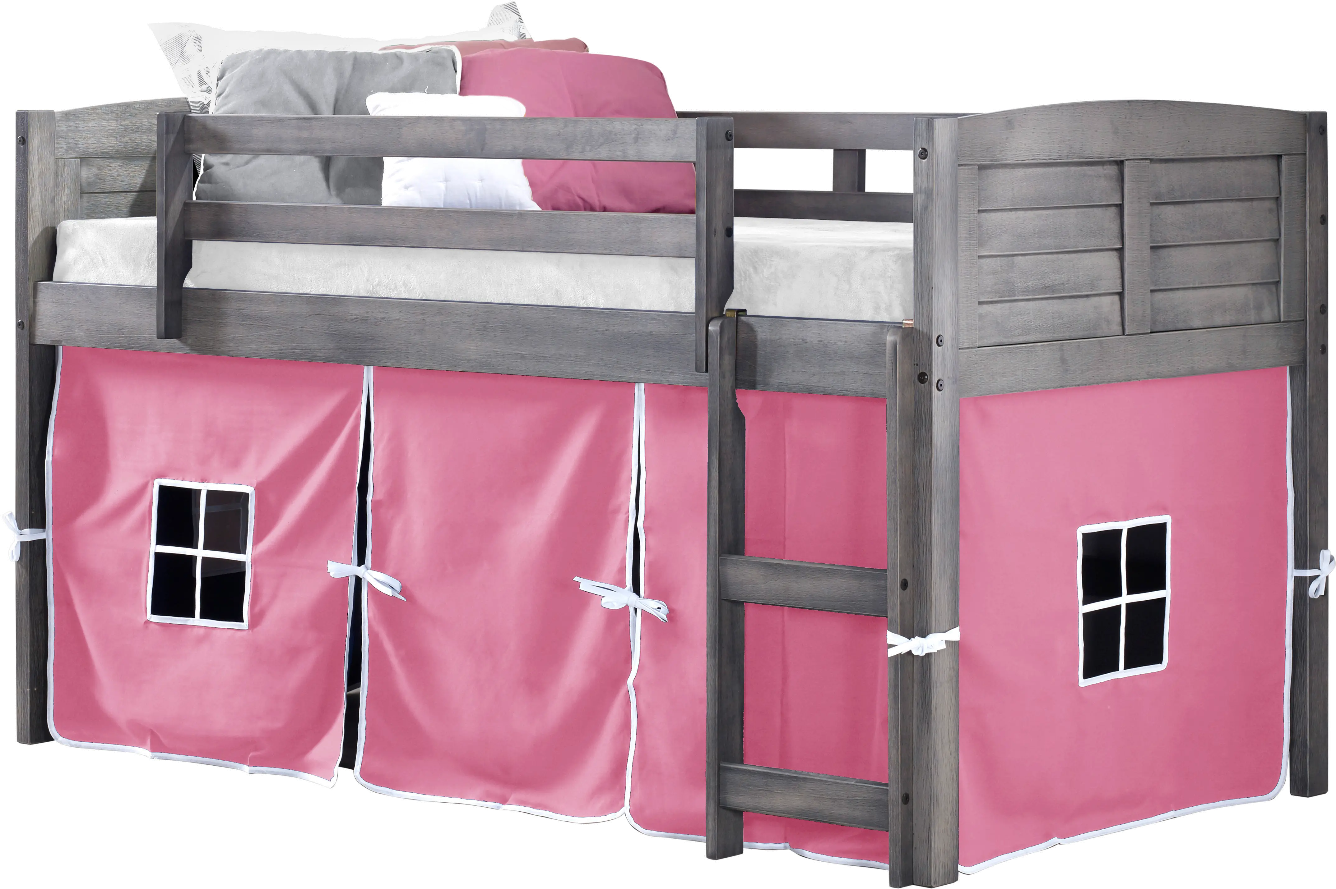 Louver Antique Gray Twin Loft Bed with Pink Tent-2