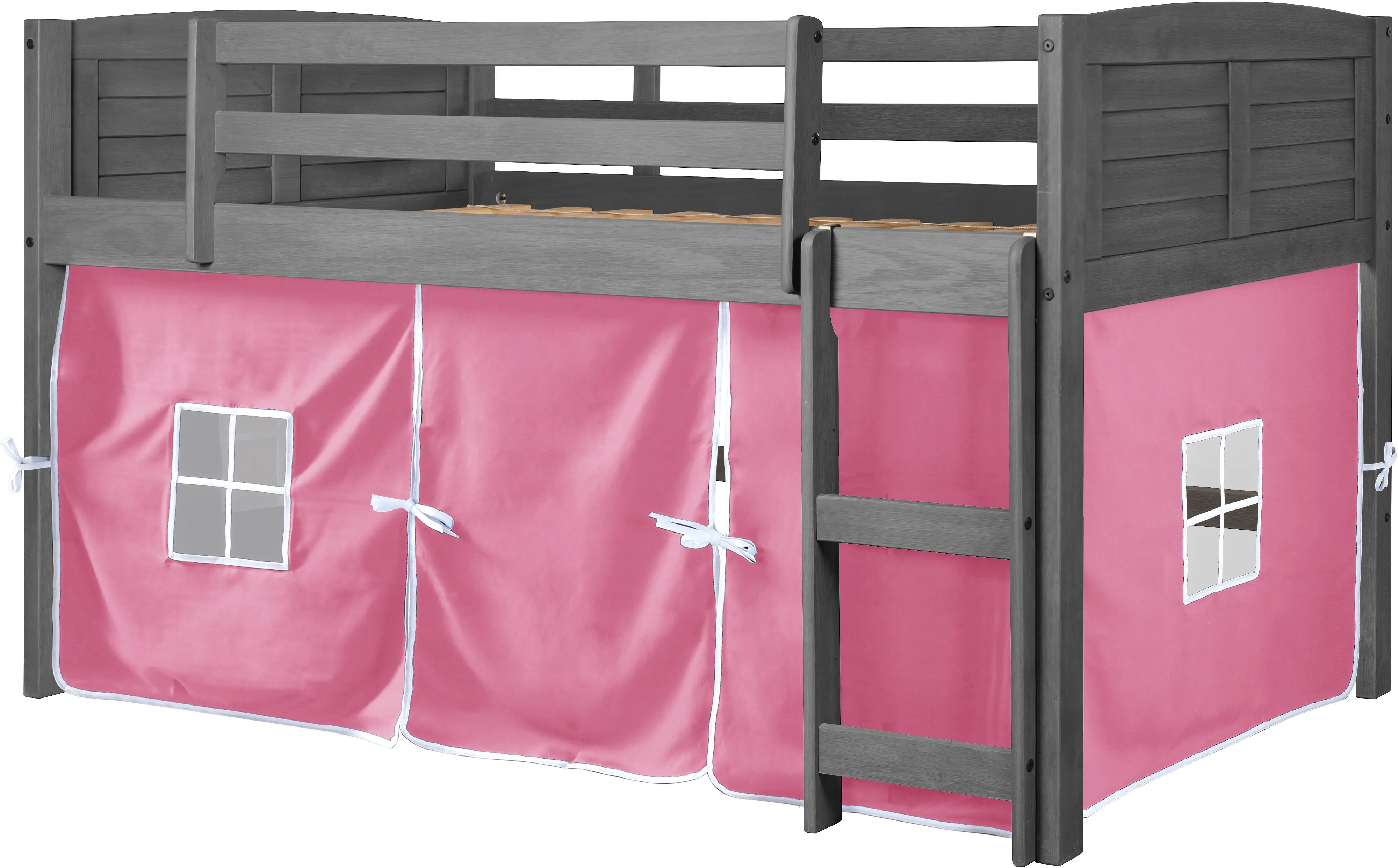 Louver Antique Gray Twin Loft Bed with Pink Tent-3