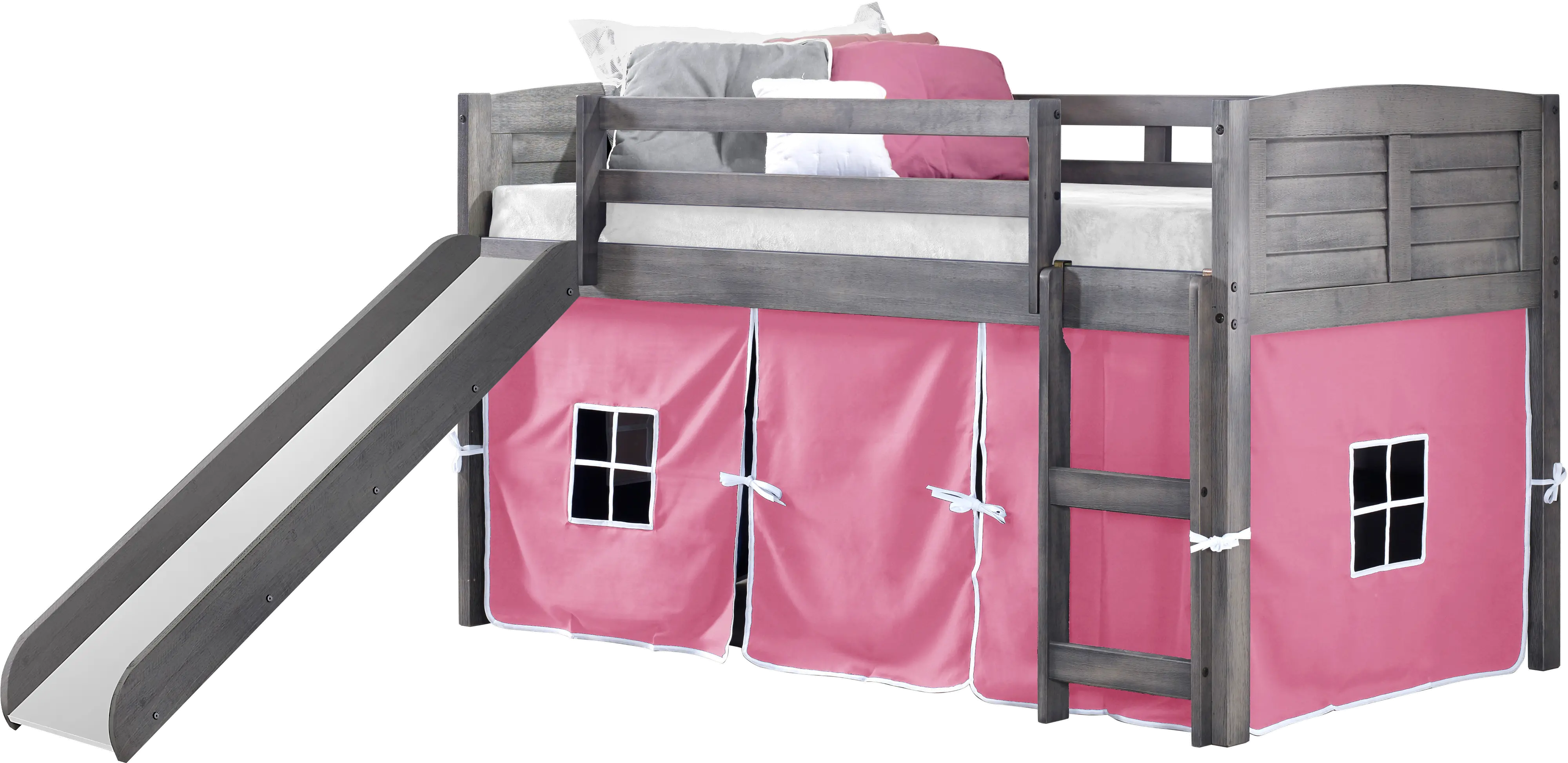 Louver Antique Gray Twin Loft Bed with Pink Tent and Slide-2