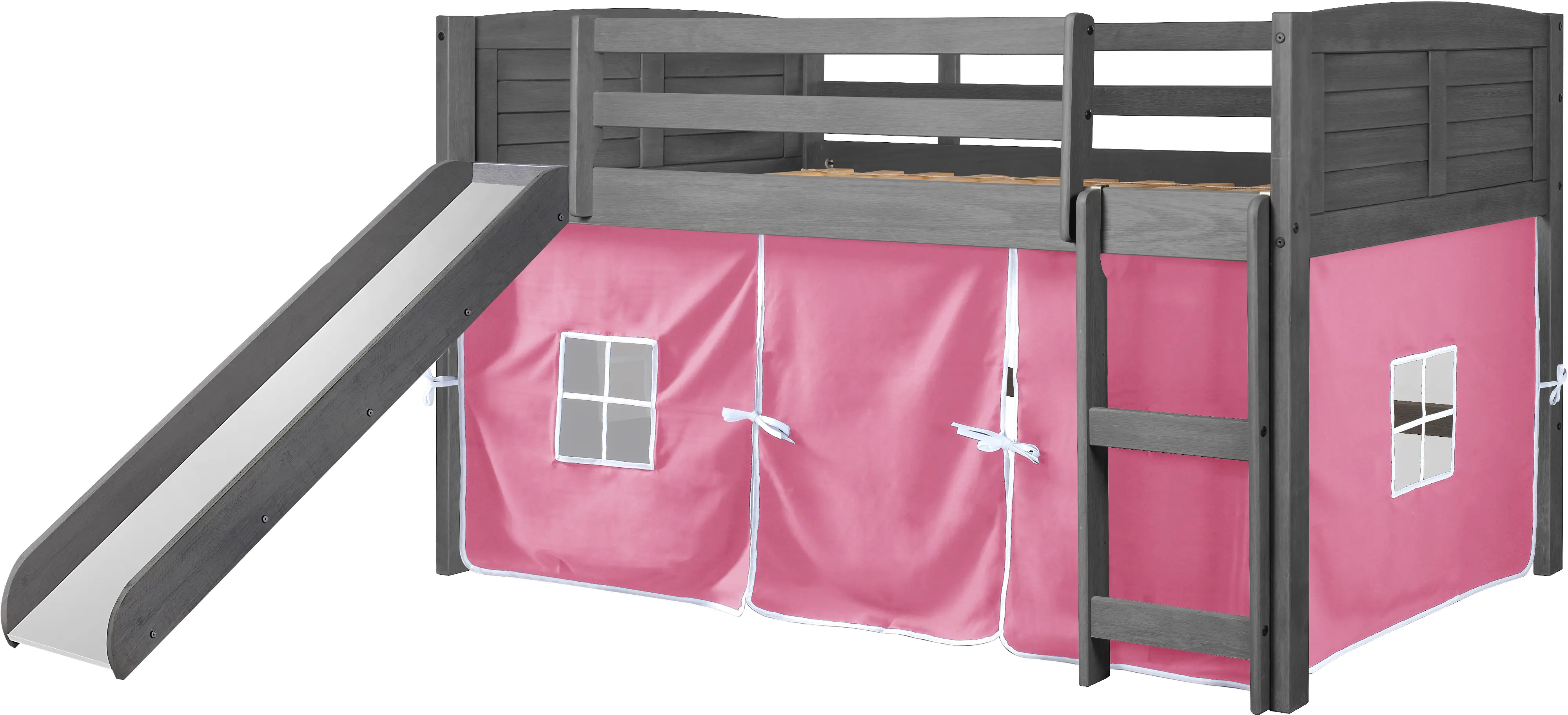 Louver Antique Gray Twin Loft Bed with Pink Tent and Slide-3