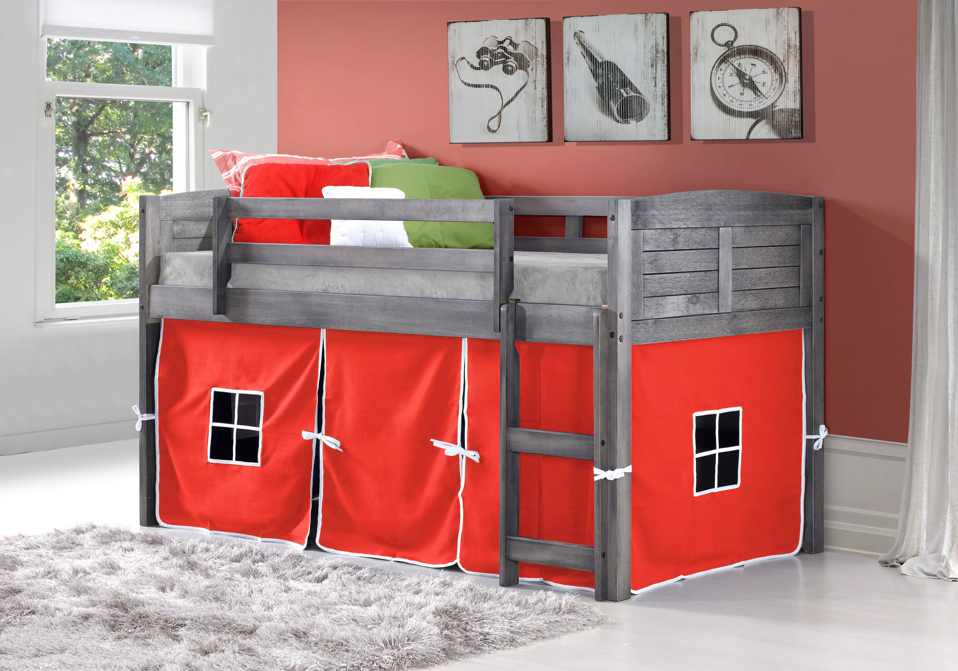 Louver Antique Gray Twin Loft Bed with Red Tent-2