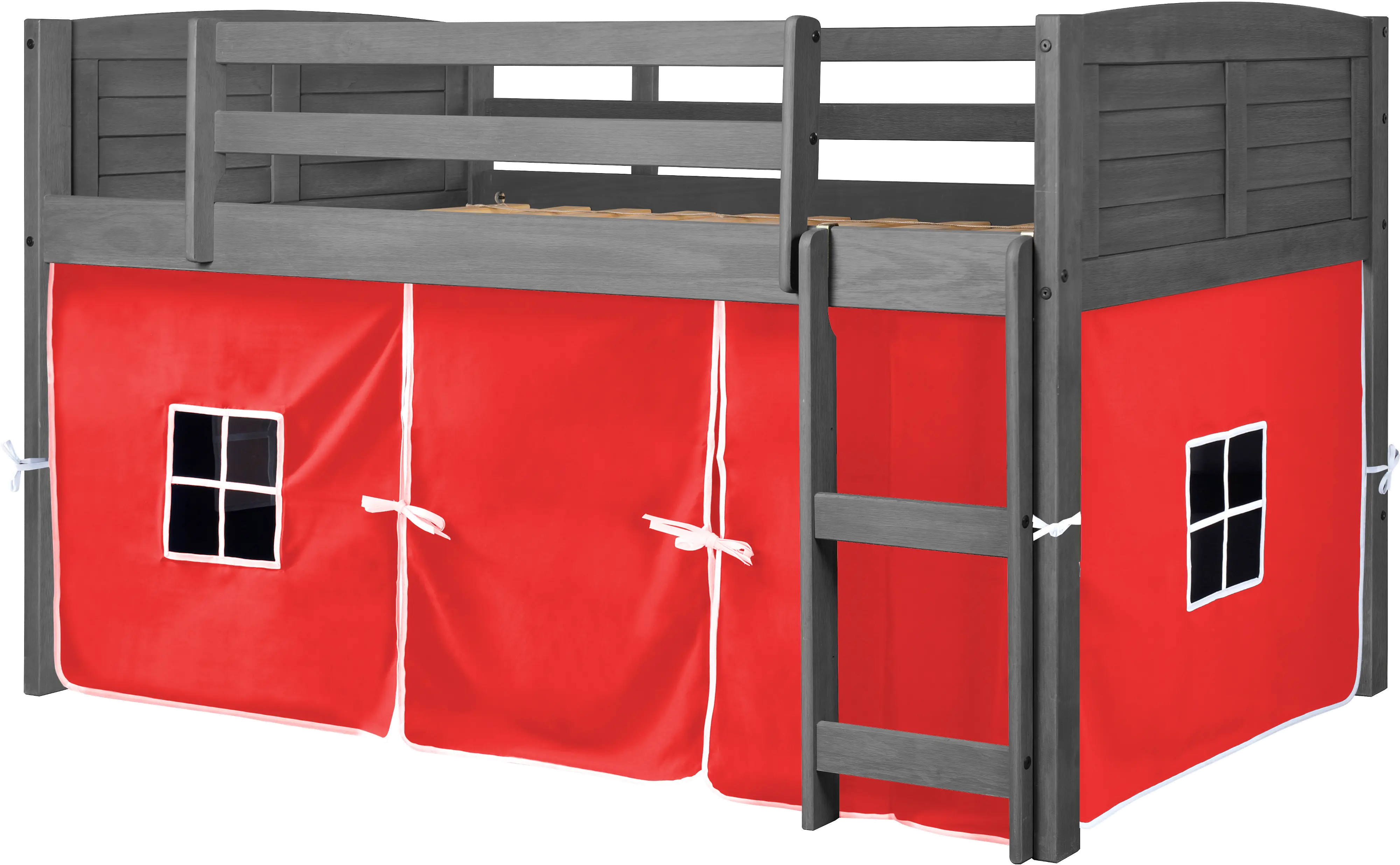 Louver Antique Gray Twin Loft Bed with Red Tent-3
