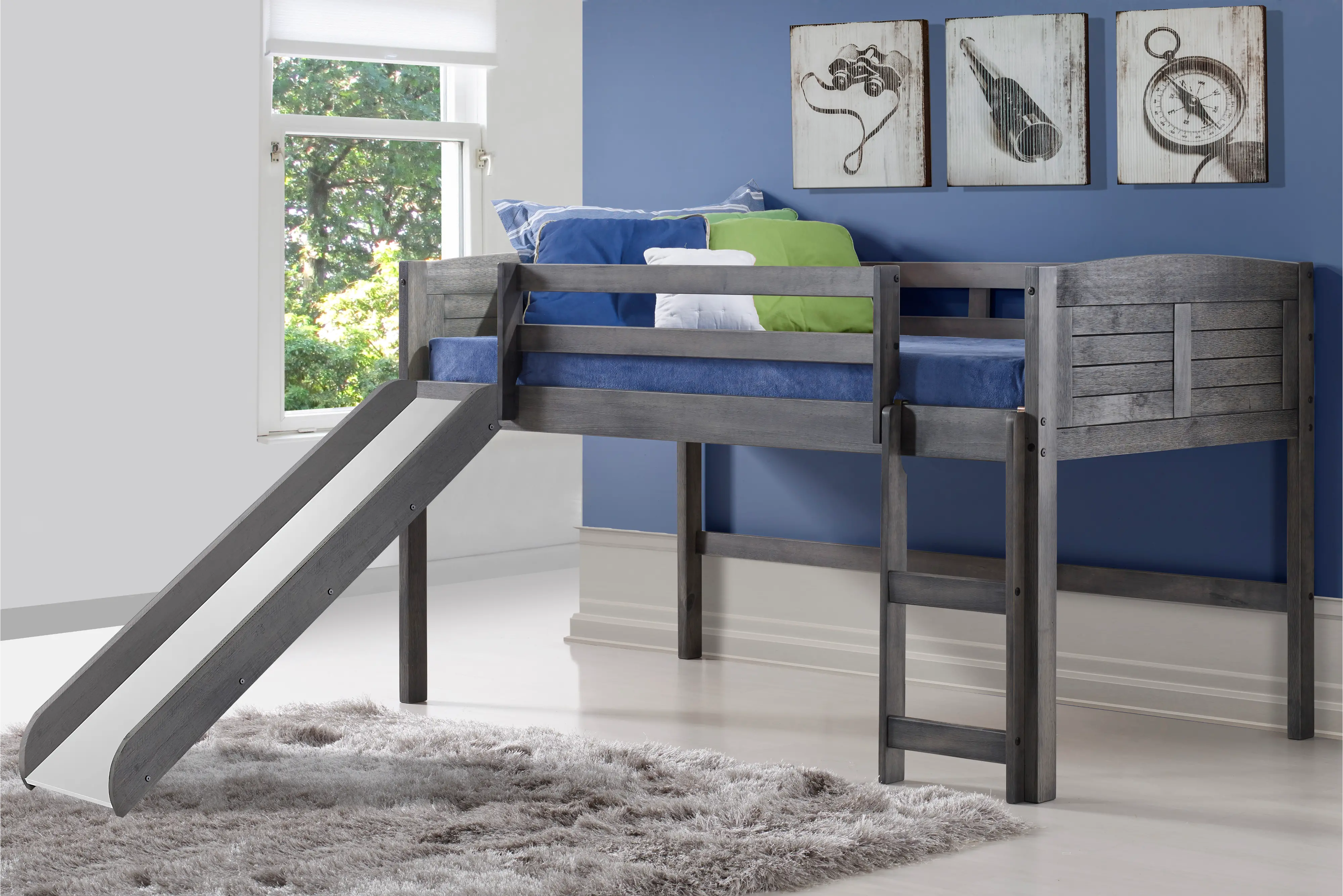 Louver Antique Gray Twin Loft Bed with Slide-1