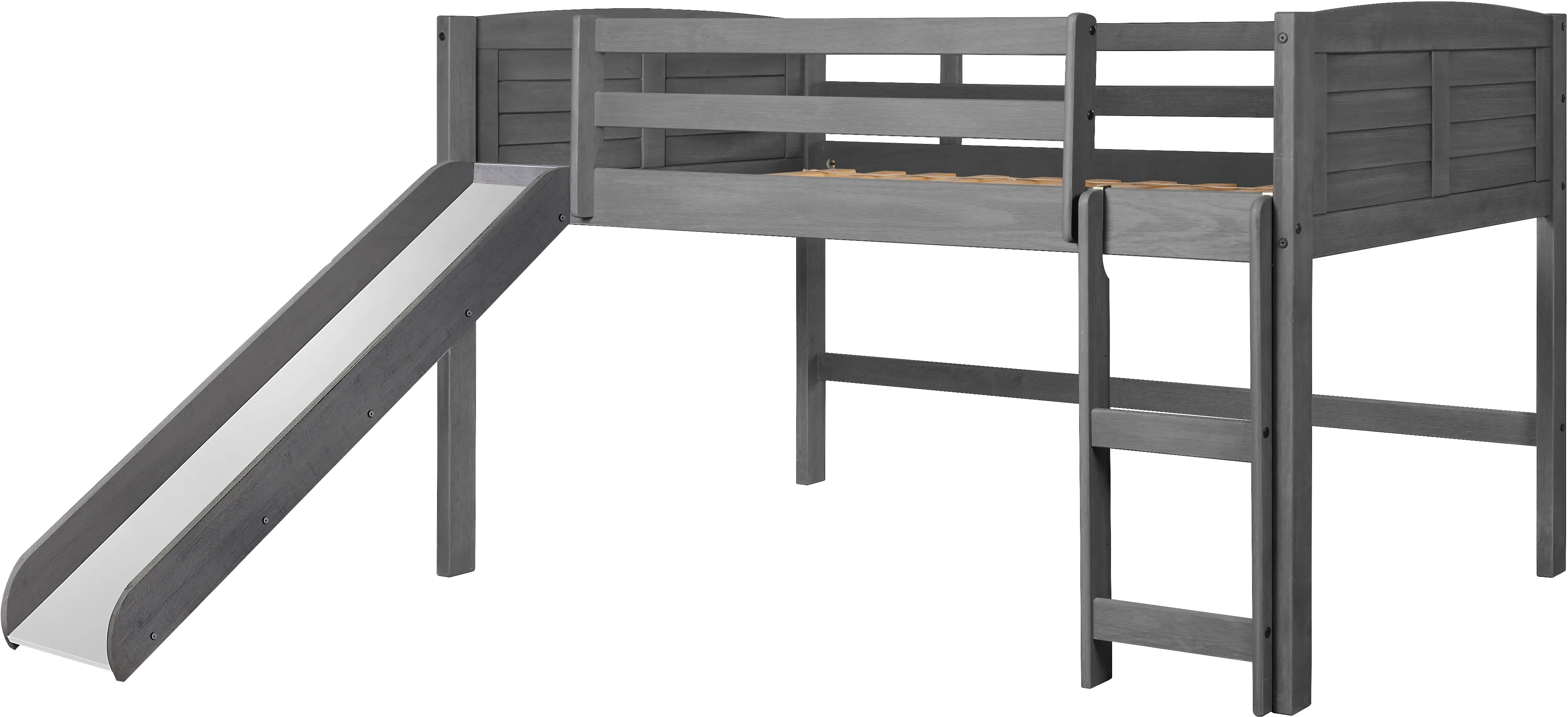 Louver Antique Gray Twin Loft Bed with Slide-3