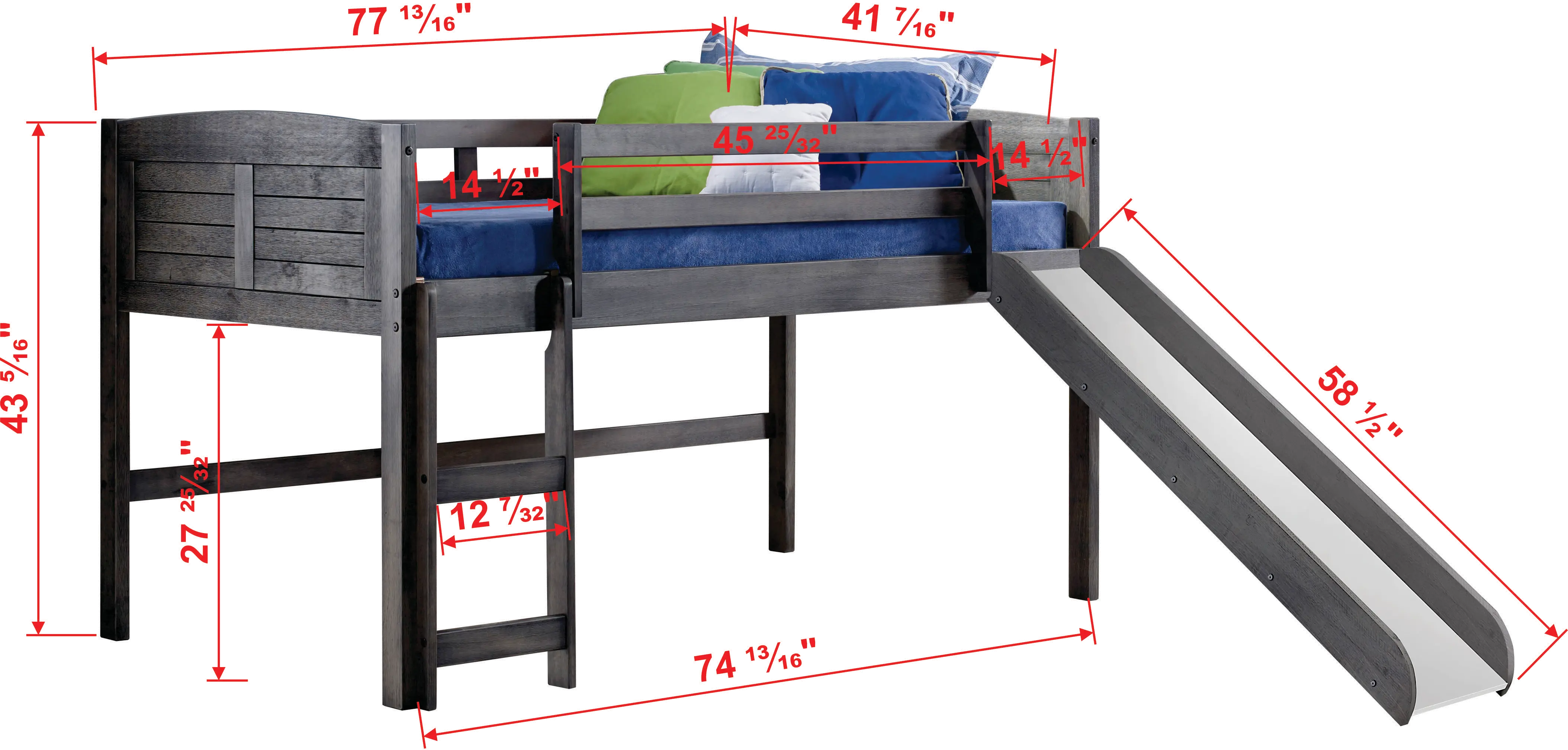 Louver Antique Gray Twin Loft Bed with Slide-4