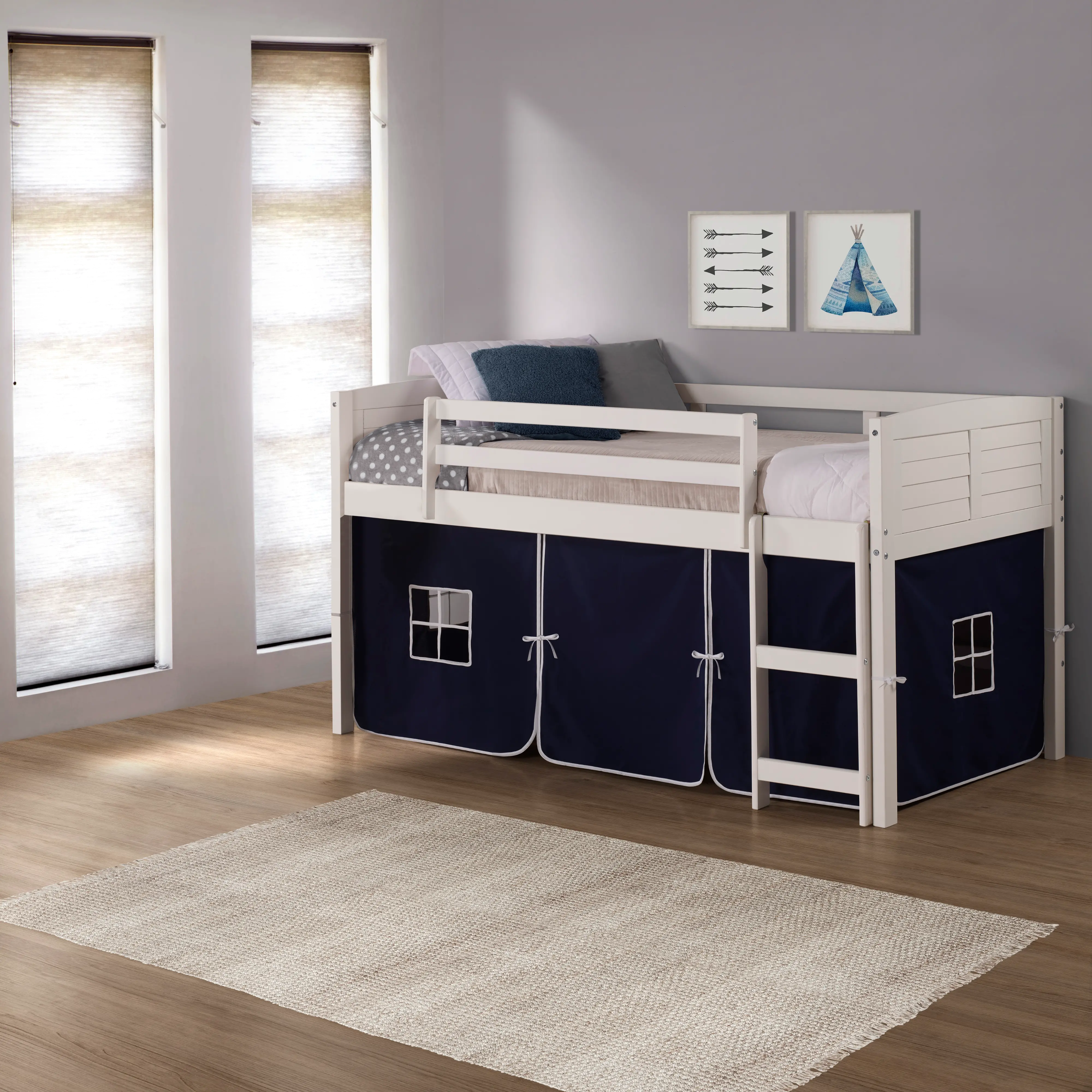 Louver White Twin Loft Bed with Navy Blue Tent-2
