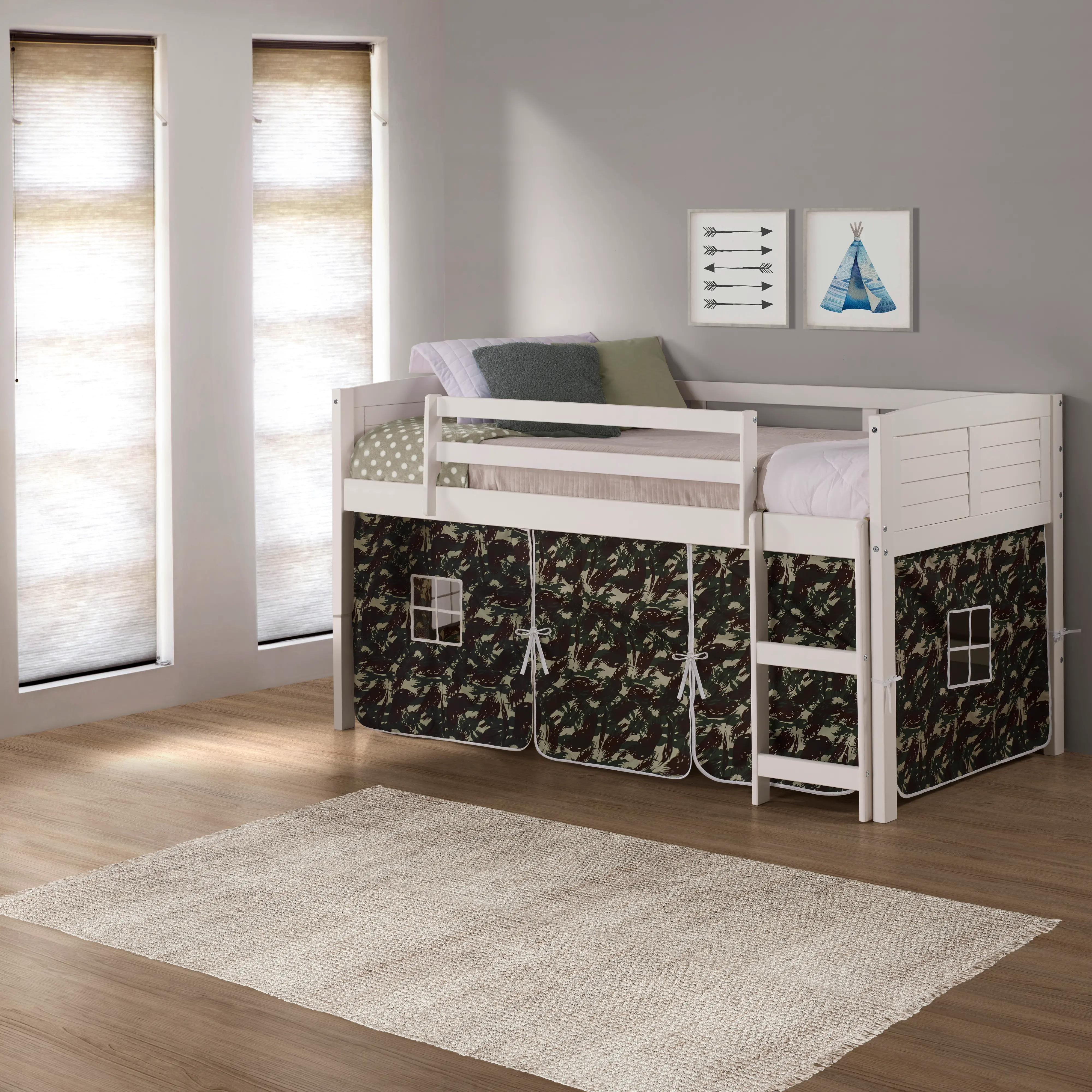 Louver White Twin Loft Bed with Camo Tent-2