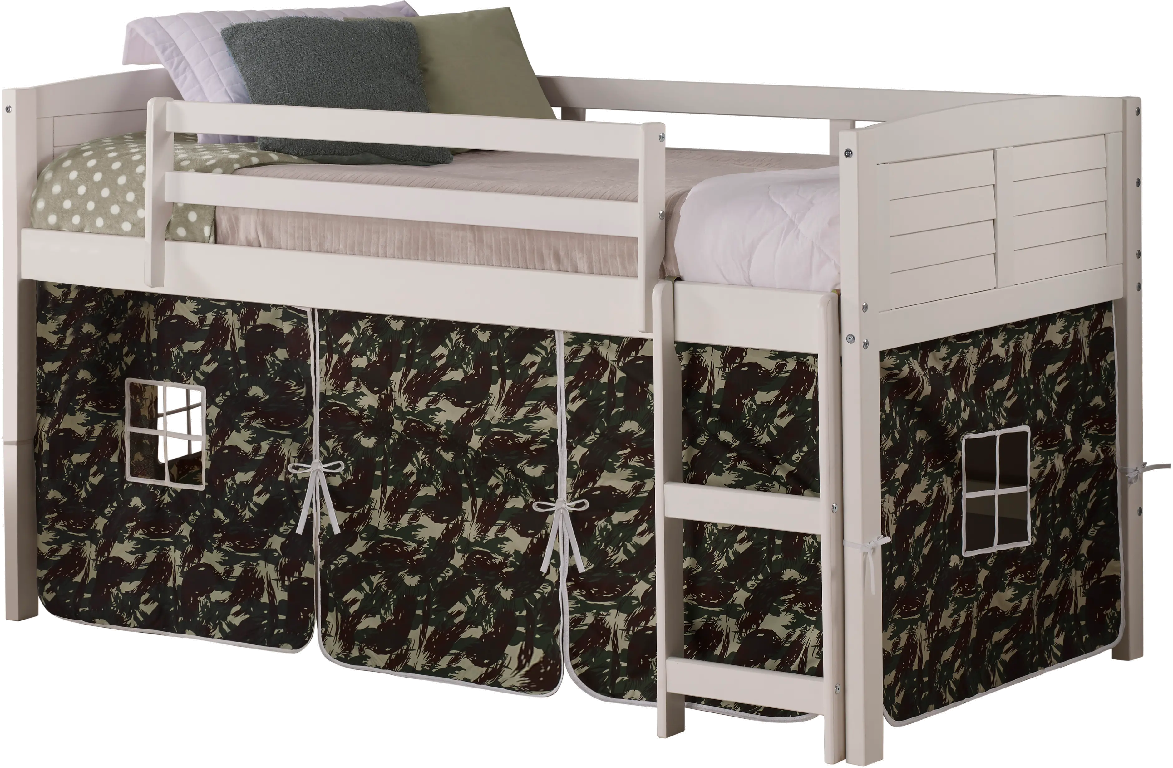 Louver White Twin Loft Bed with Camo Tent-1