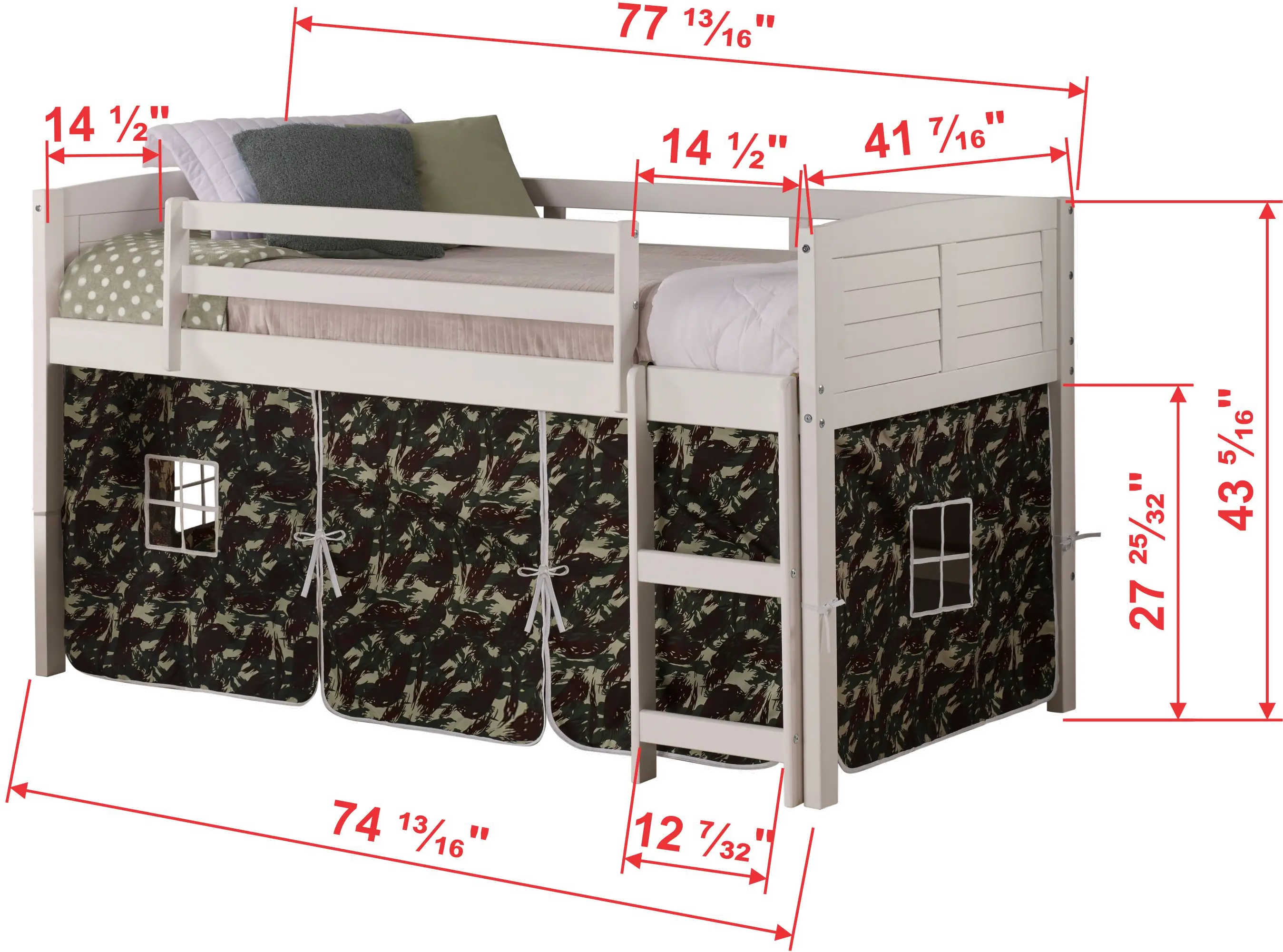 Louver White Twin Loft Bed with Camo Tent-4