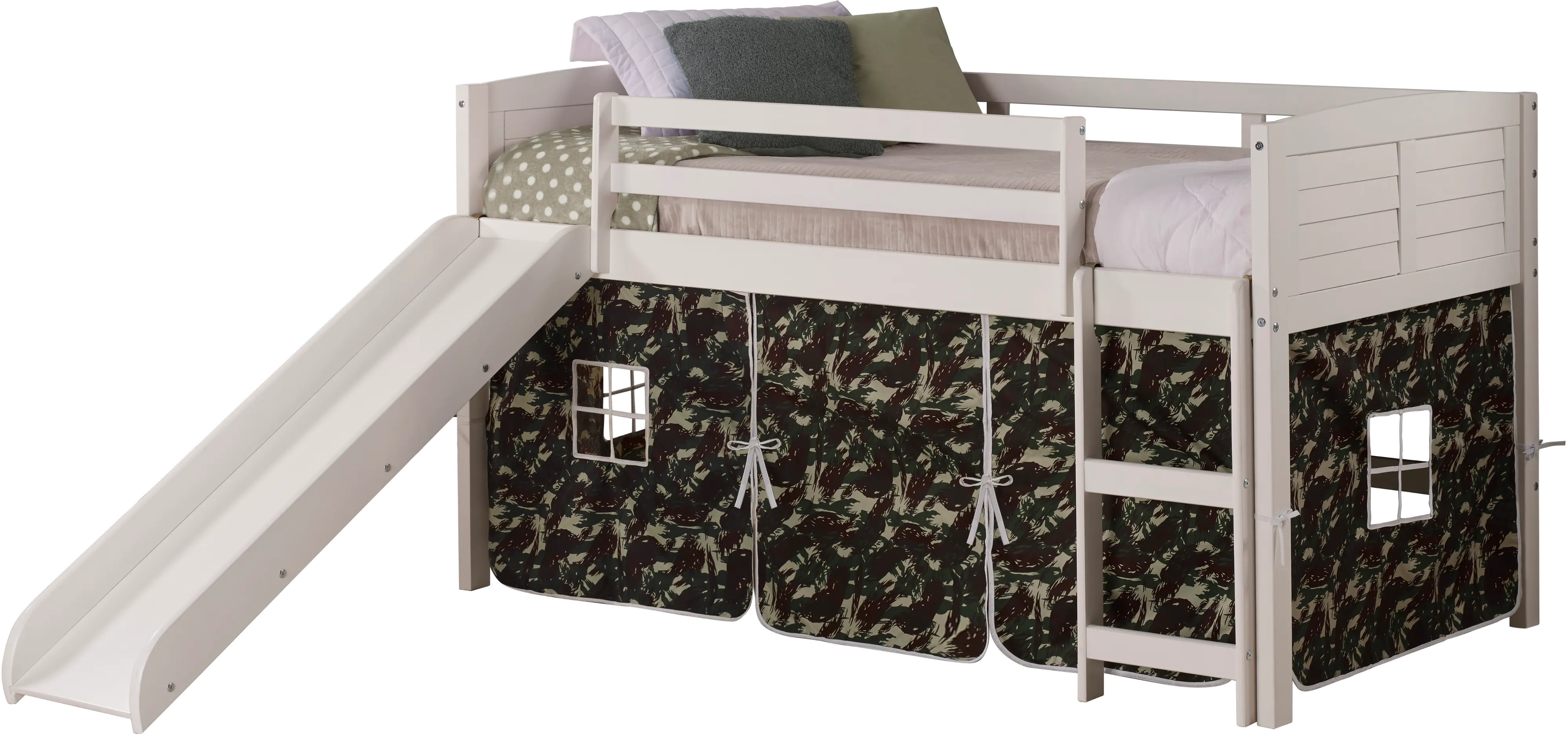 Louver White Twin Loft Bed with Camo Tent and Slide-1
