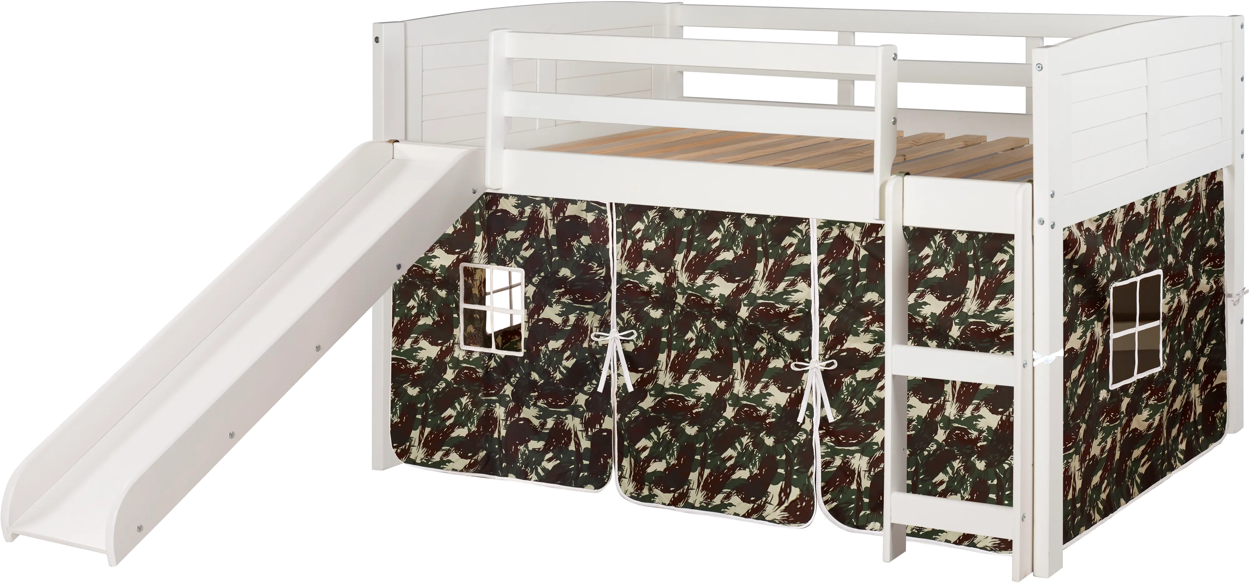 Louver White Twin Loft Bed with Camo Tent and Slide-3