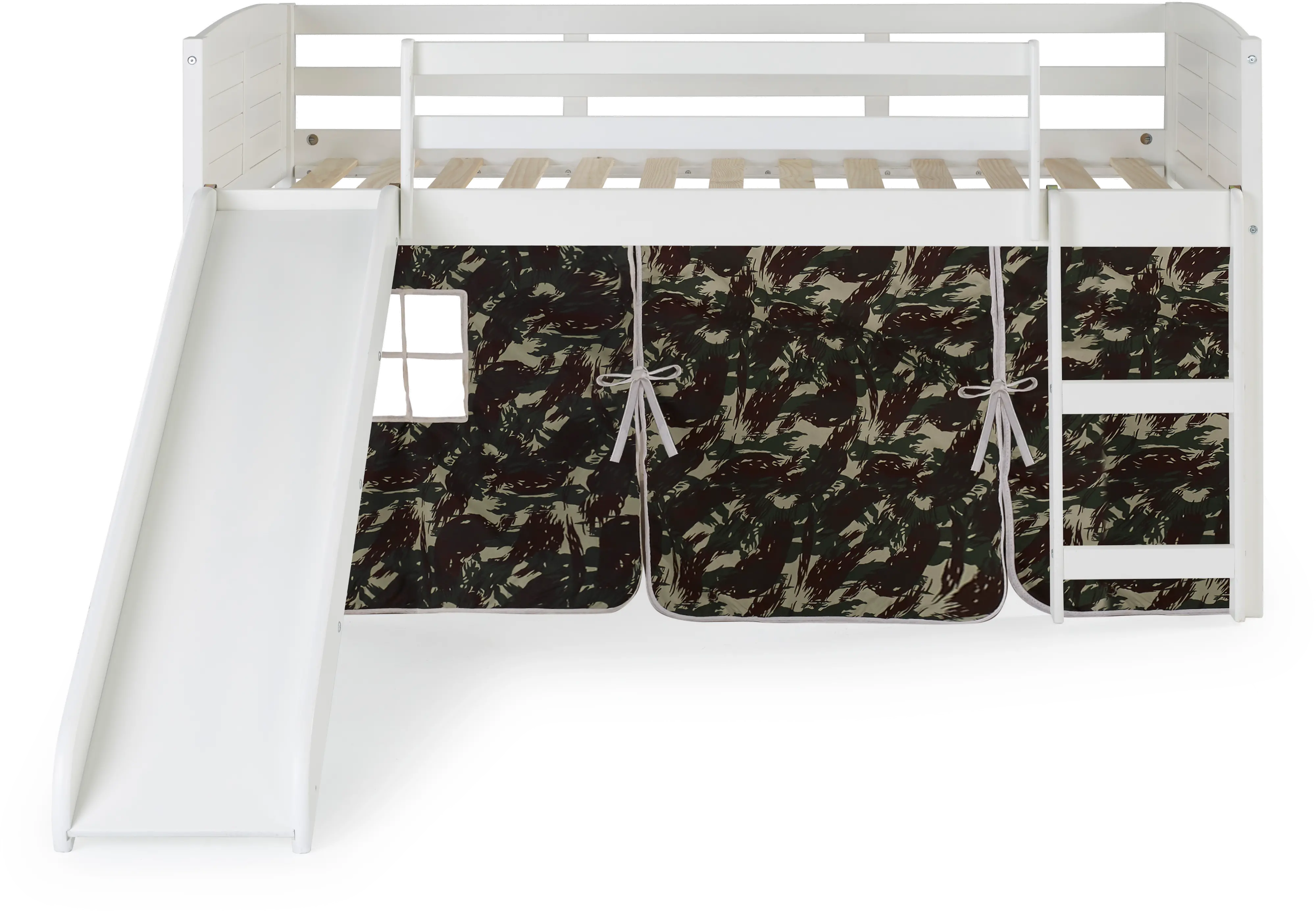 Louver White Twin Loft Bed with Camo Tent and Slide-4