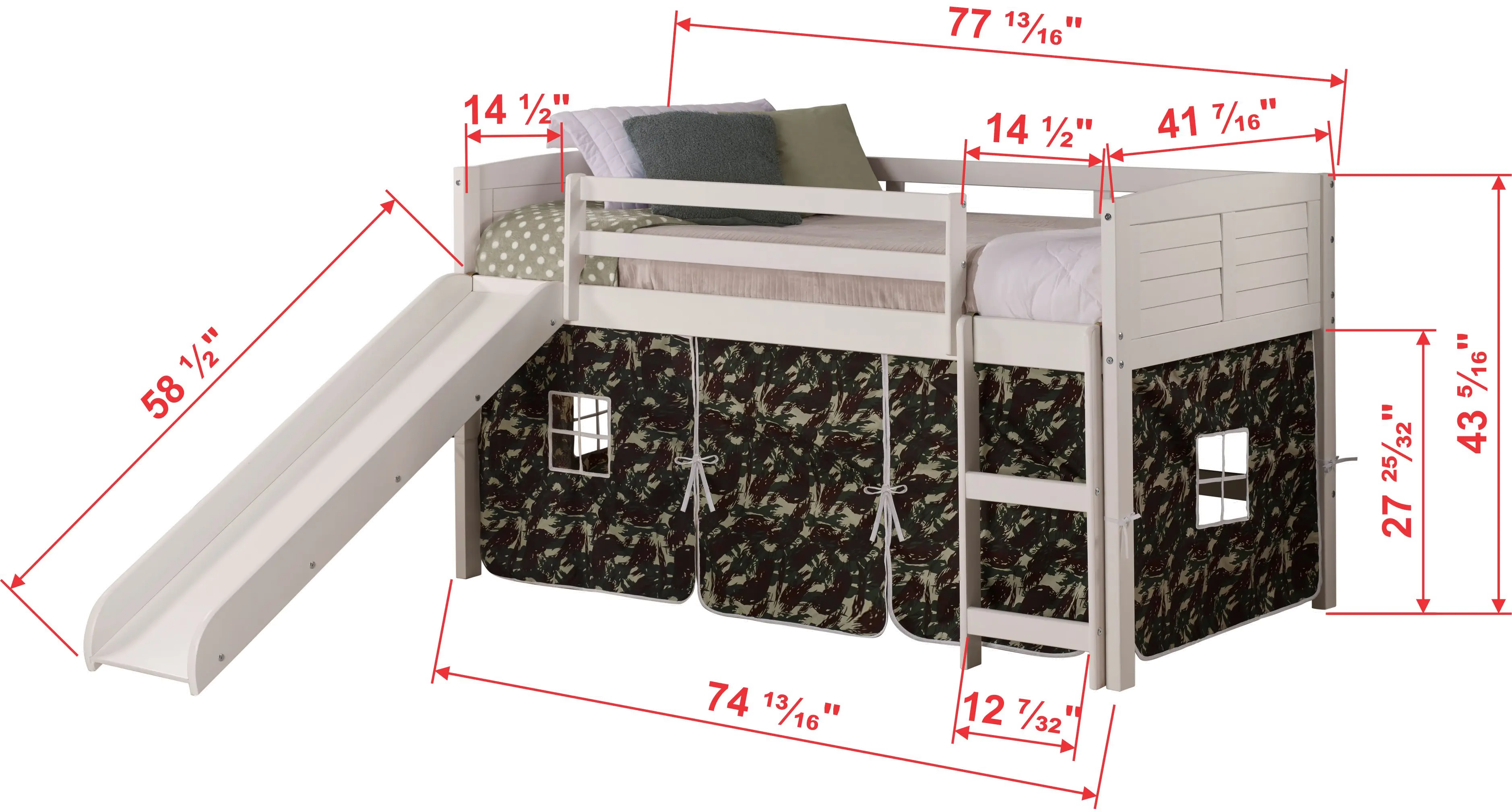 Louver White Twin Loft Bed with Camo Tent and Slide-5