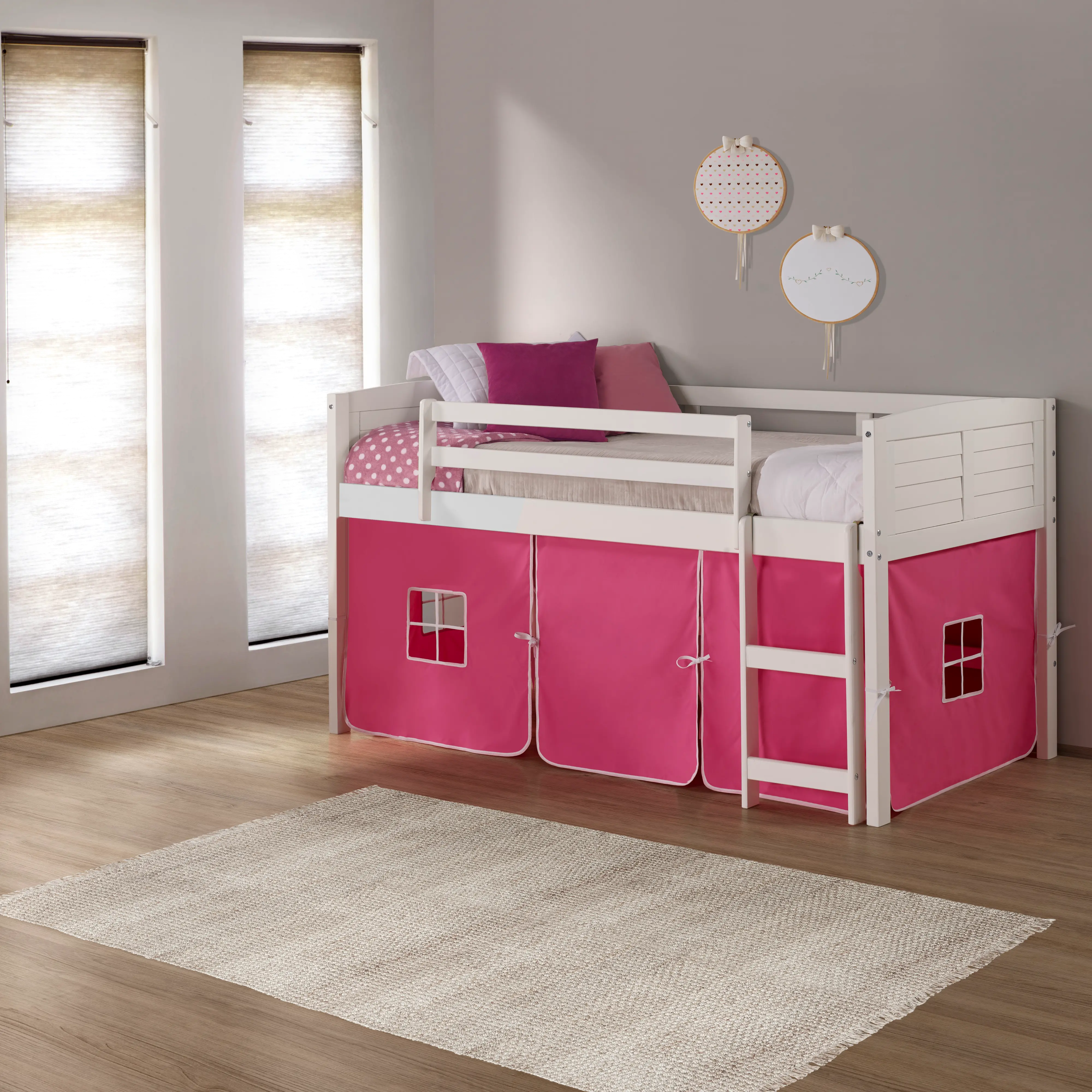 Louver White Twin Loft Bed with Pink Tent-2