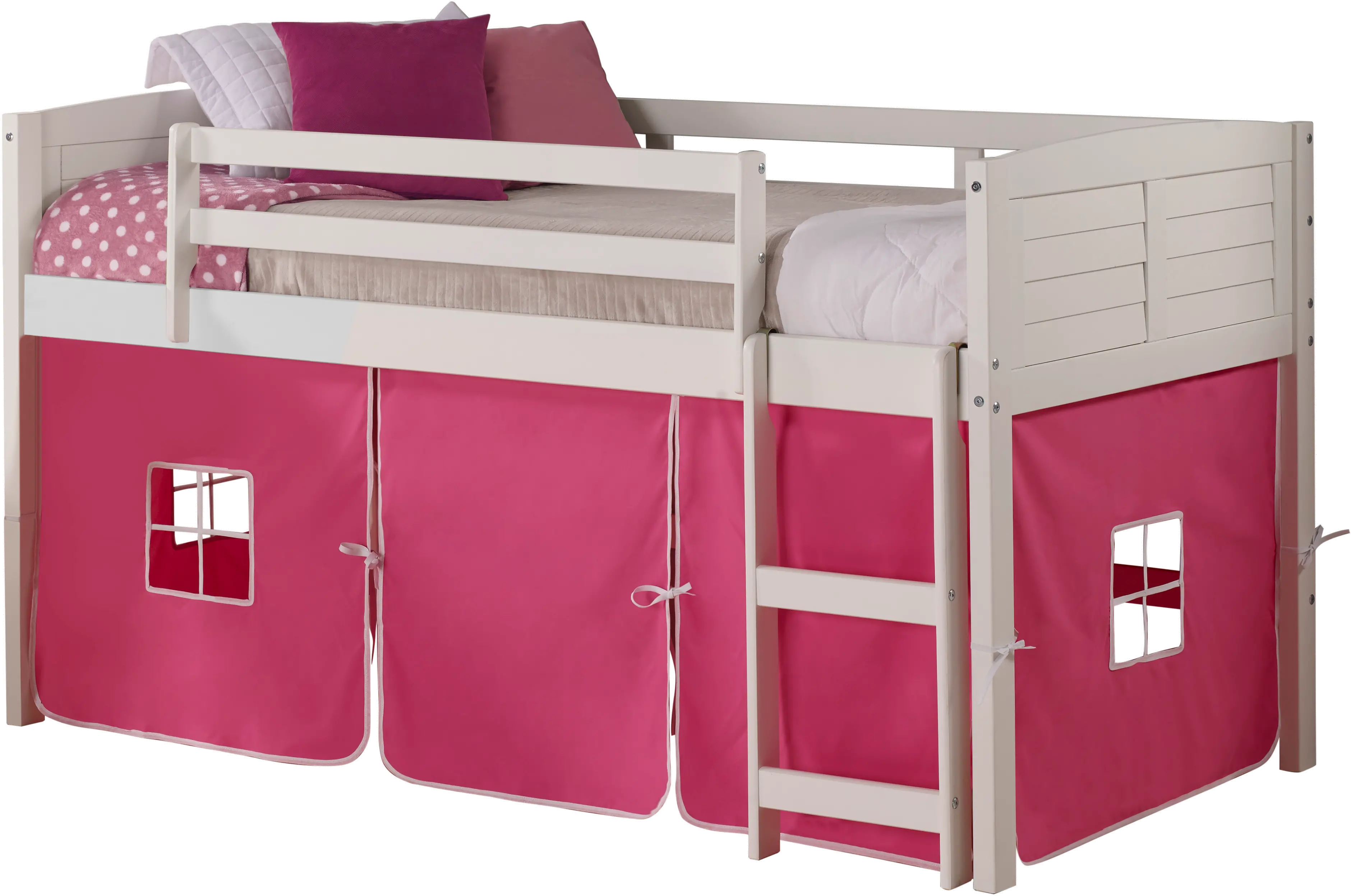 Louver White Twin Loft Bed with Pink Tent-1
