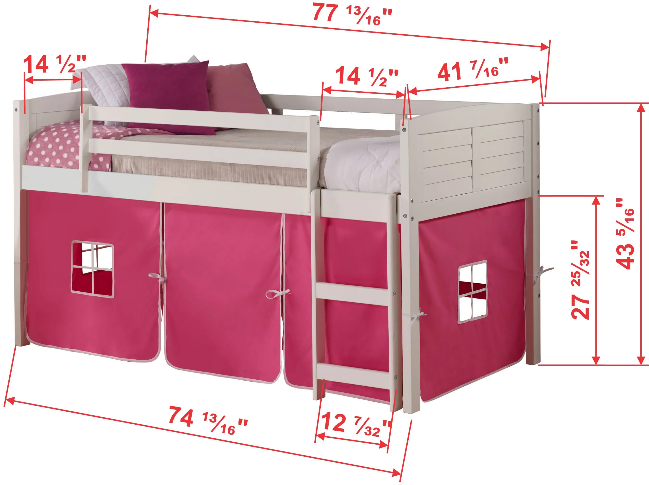 Louver White Twin Loft Bed with Pink Tent-4