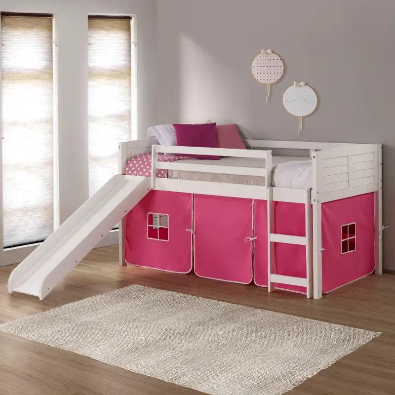 Louver White Twin Loft Bed with Pink Tent and Slide