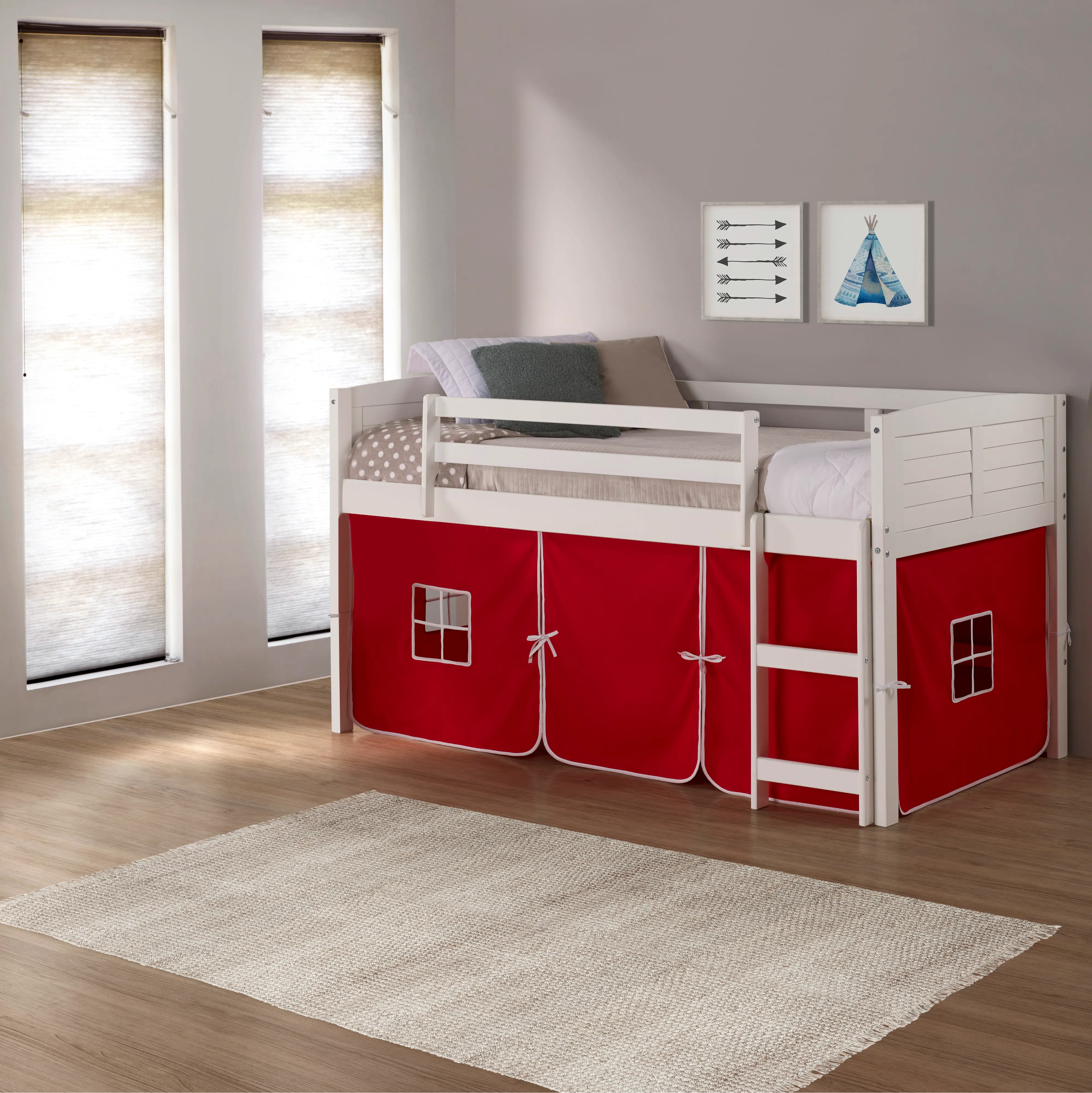 Louver White Twin Loft Bed with Red Tent-2