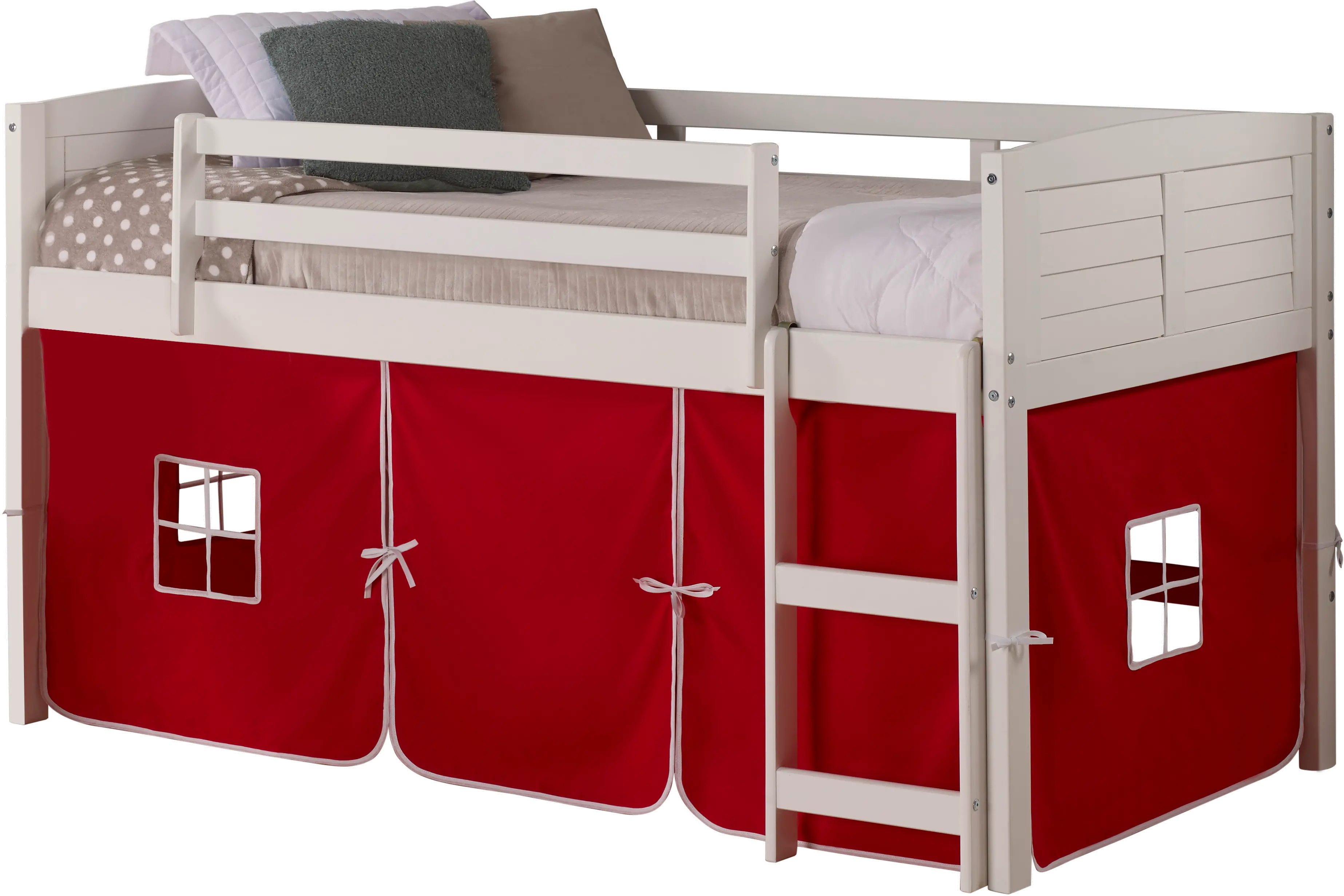 Louver White Twin Loft Bed with Red Tent-1