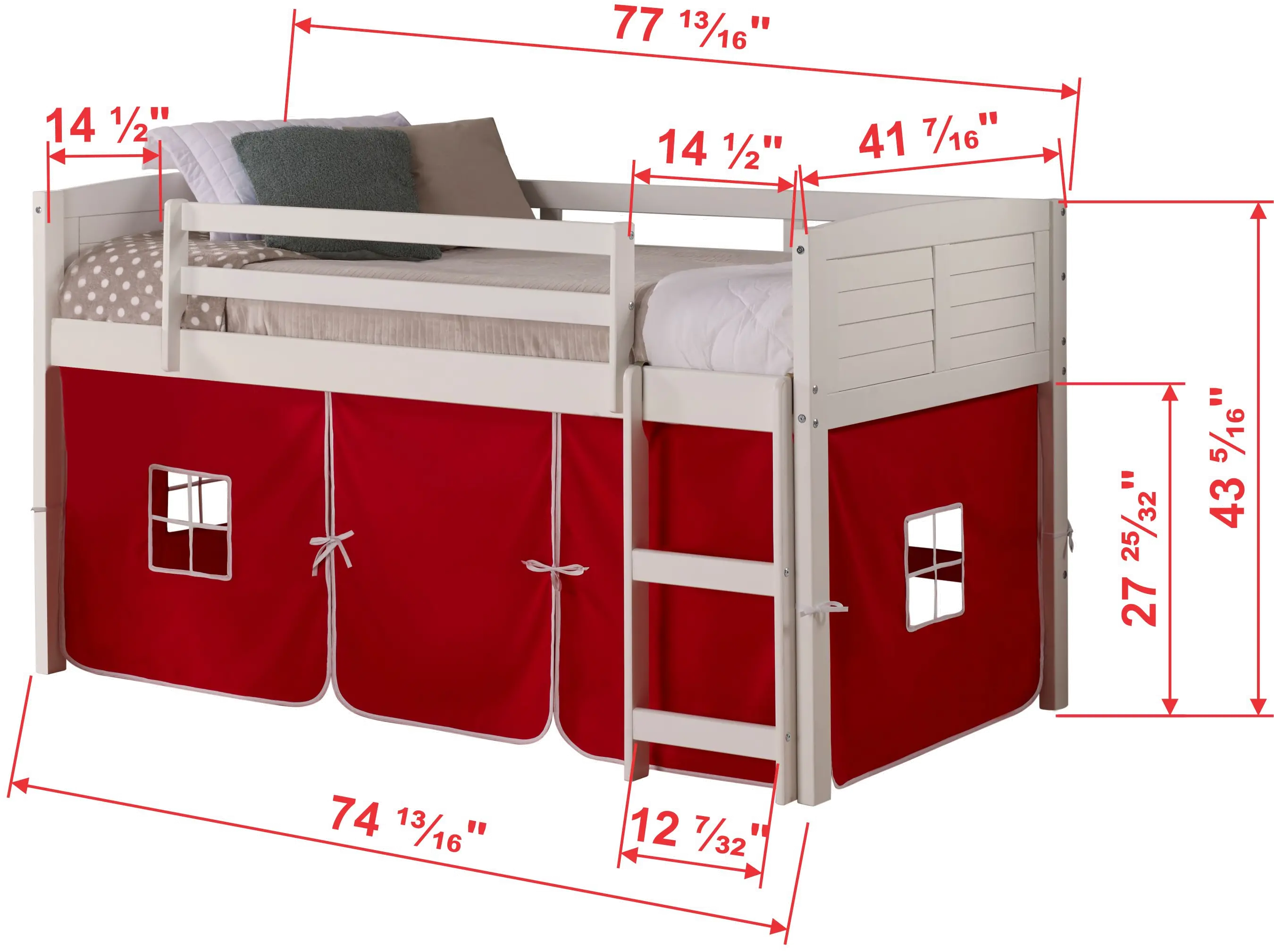 Louver White Twin Loft Bed with Red Tent-4