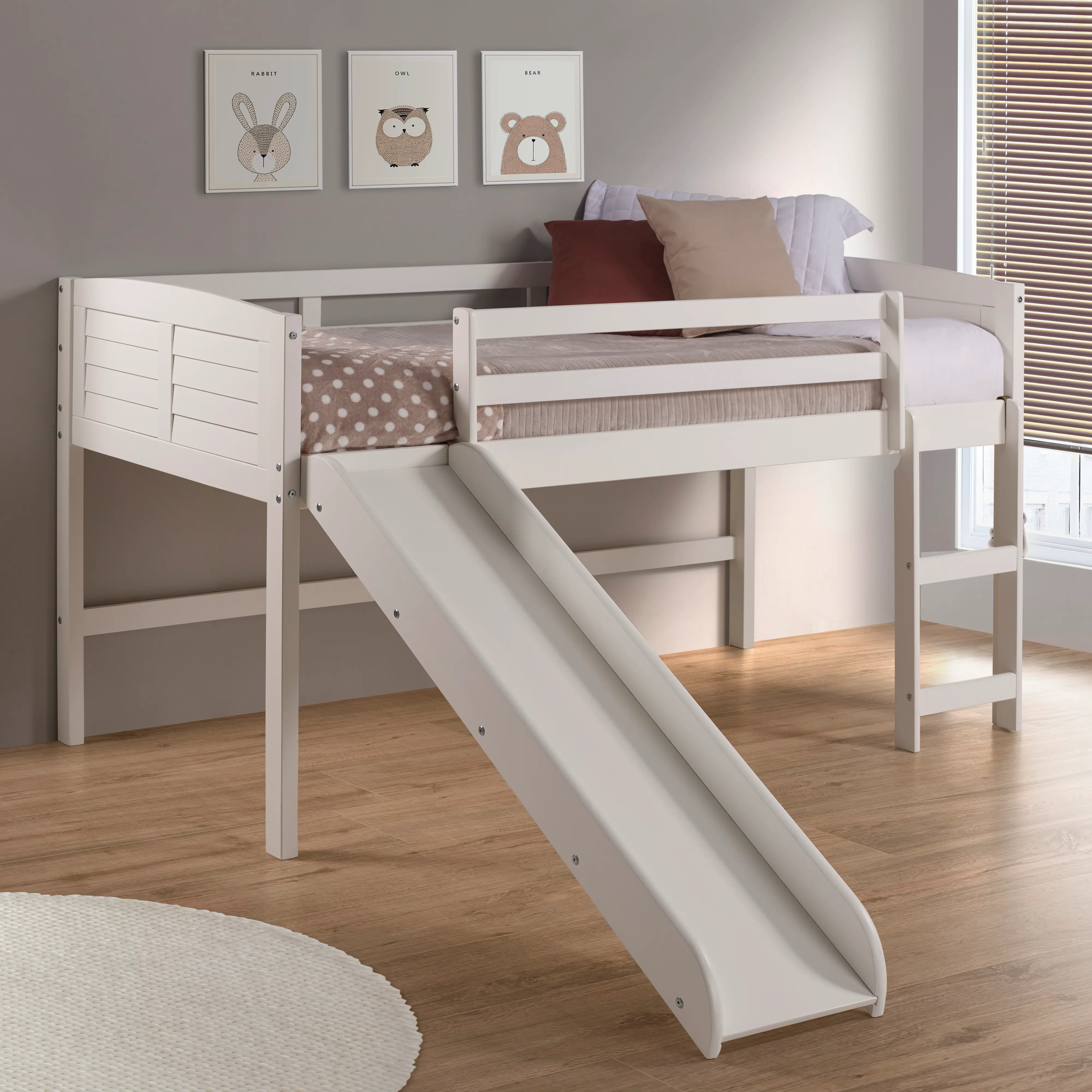 Louver White Twin Loft Bed with Slide-2