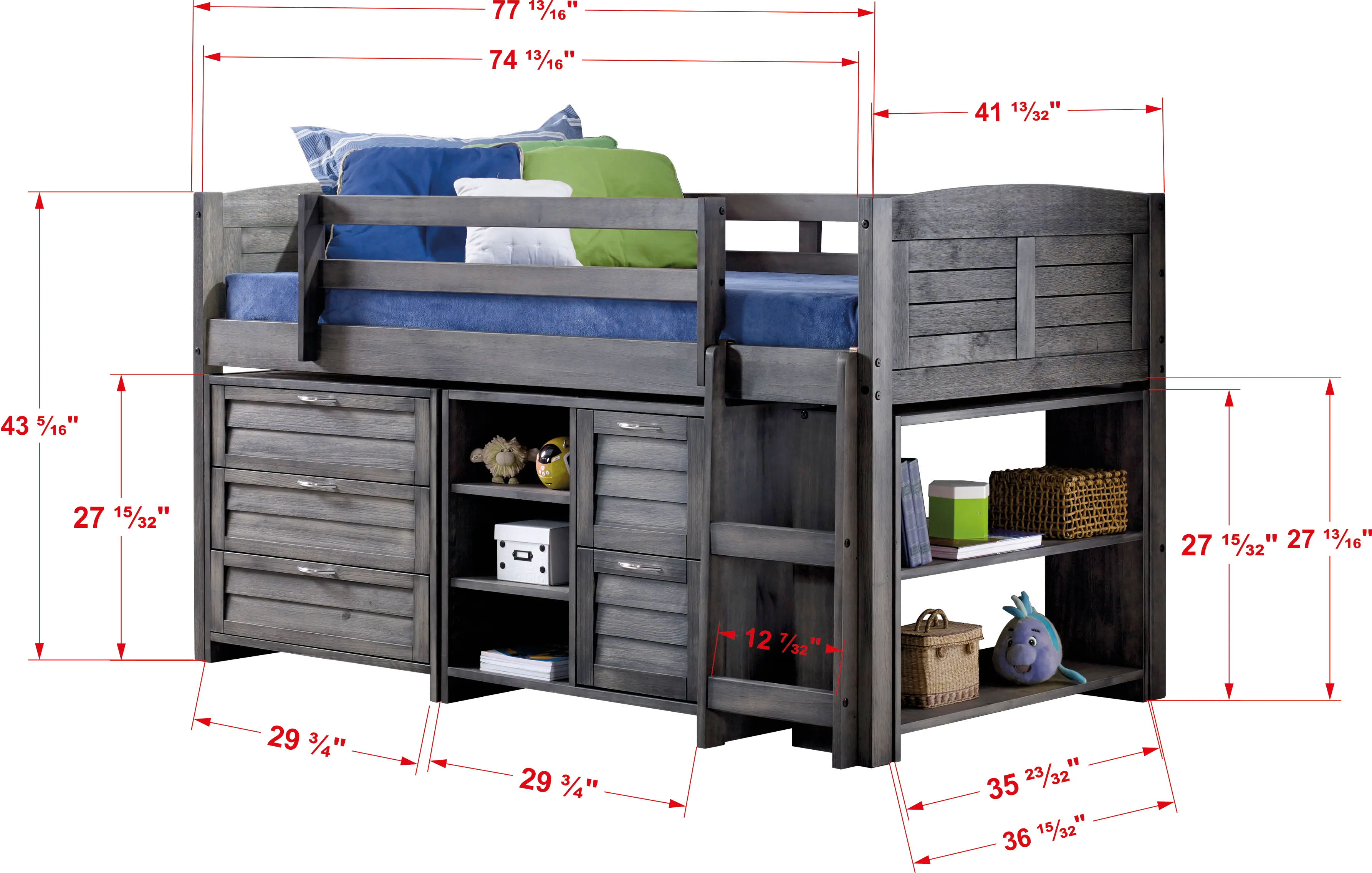 Louver Antique Gray Low Loft Bed Style B-4