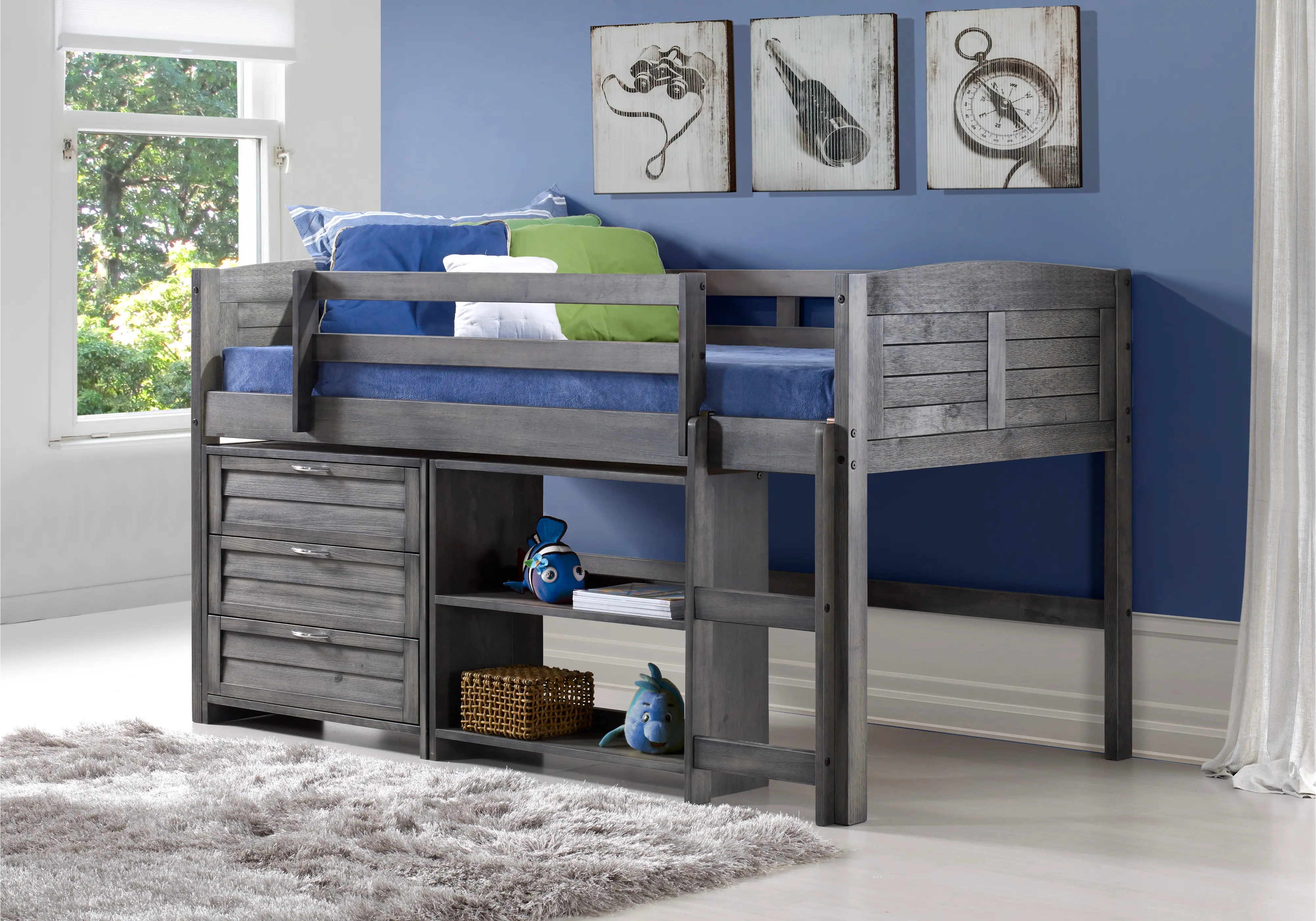 Louver Antique Gray Low Loft Bed Style C-1
