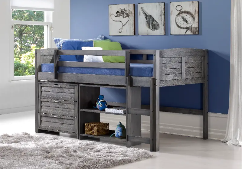 Louver Antique Gray Low Loft Bed Style C