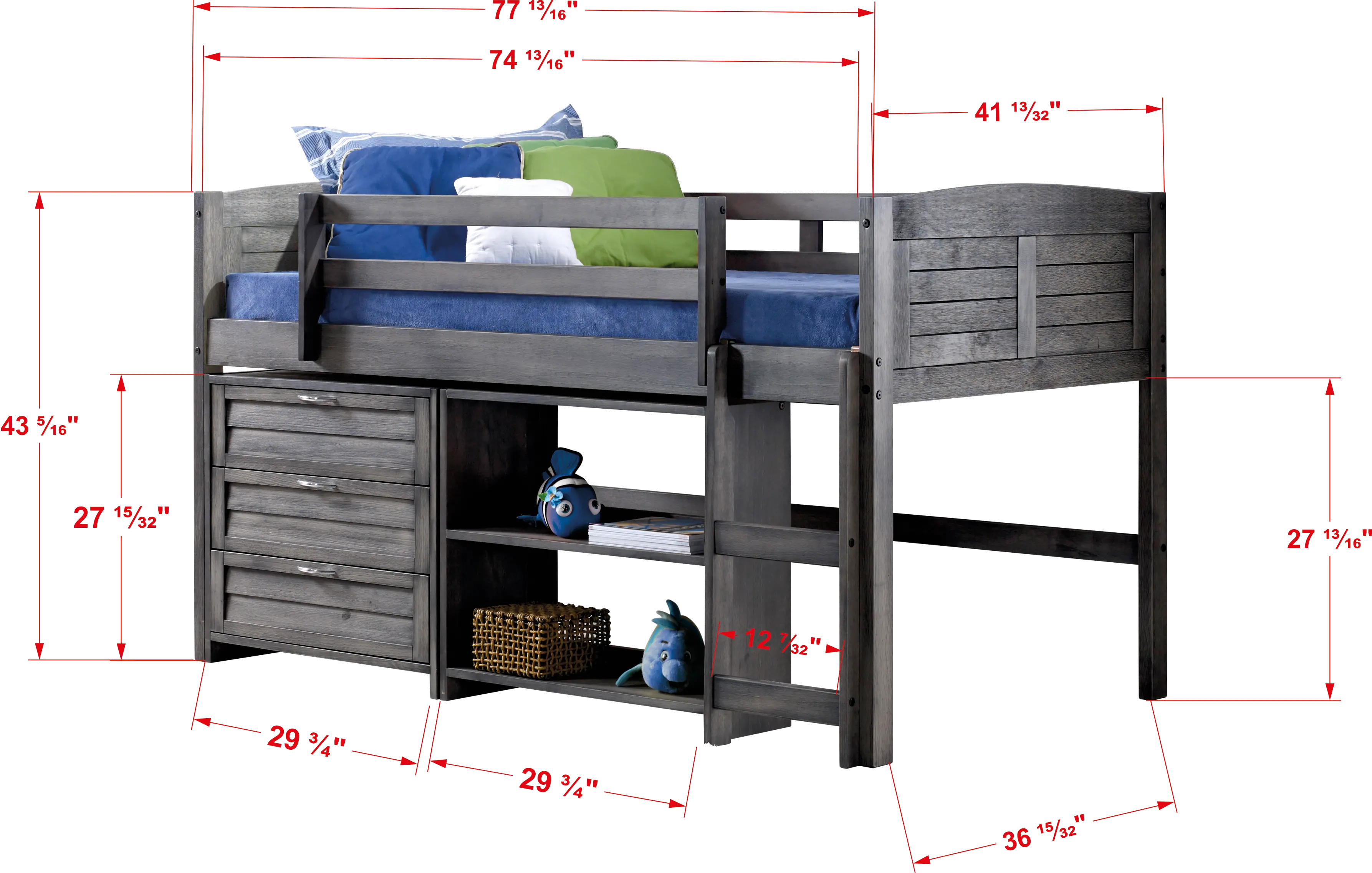 Louver Antique Gray Low Loft Bed Style C-4