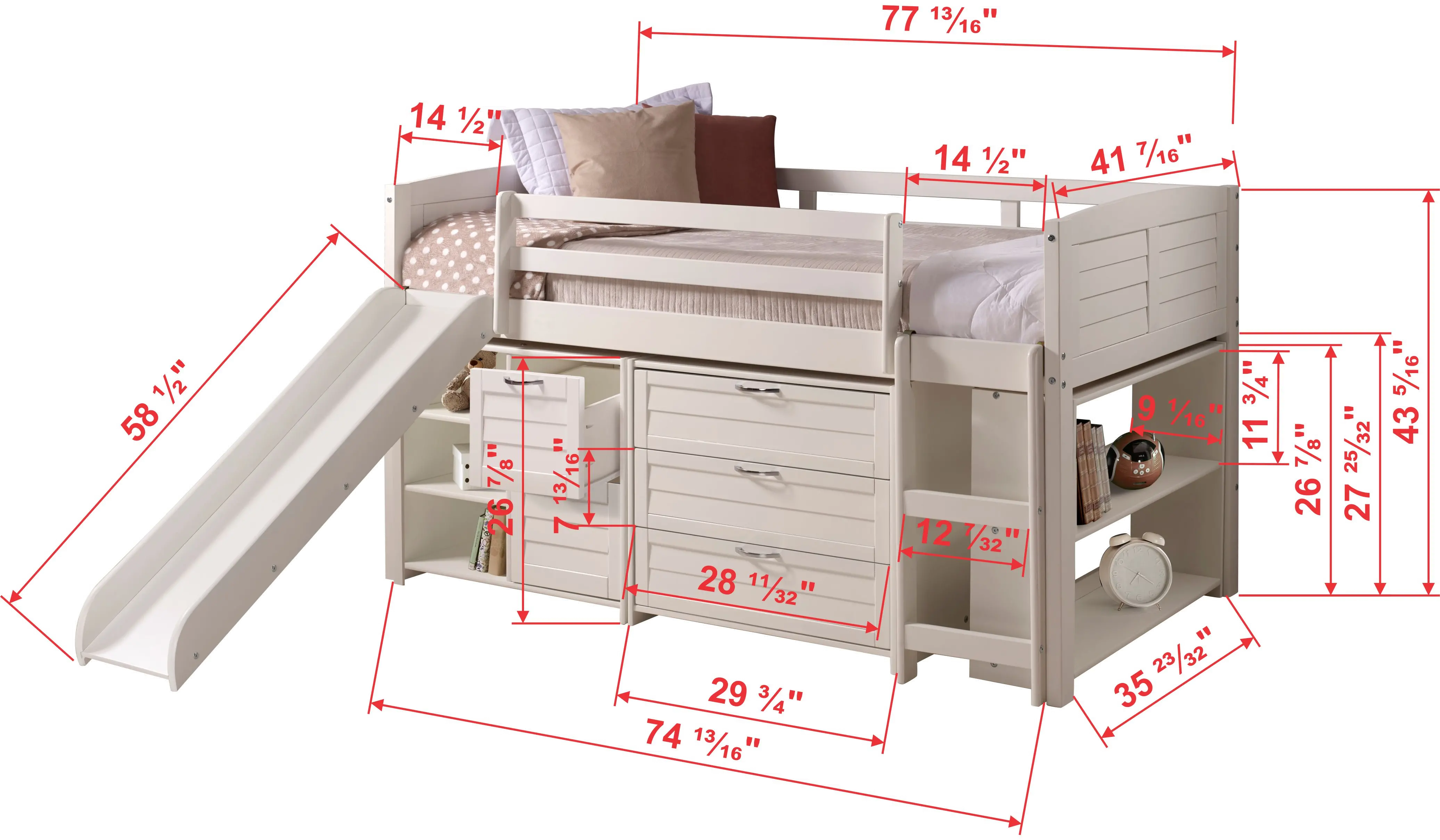 Louver White Low Loft Bed Style B-4