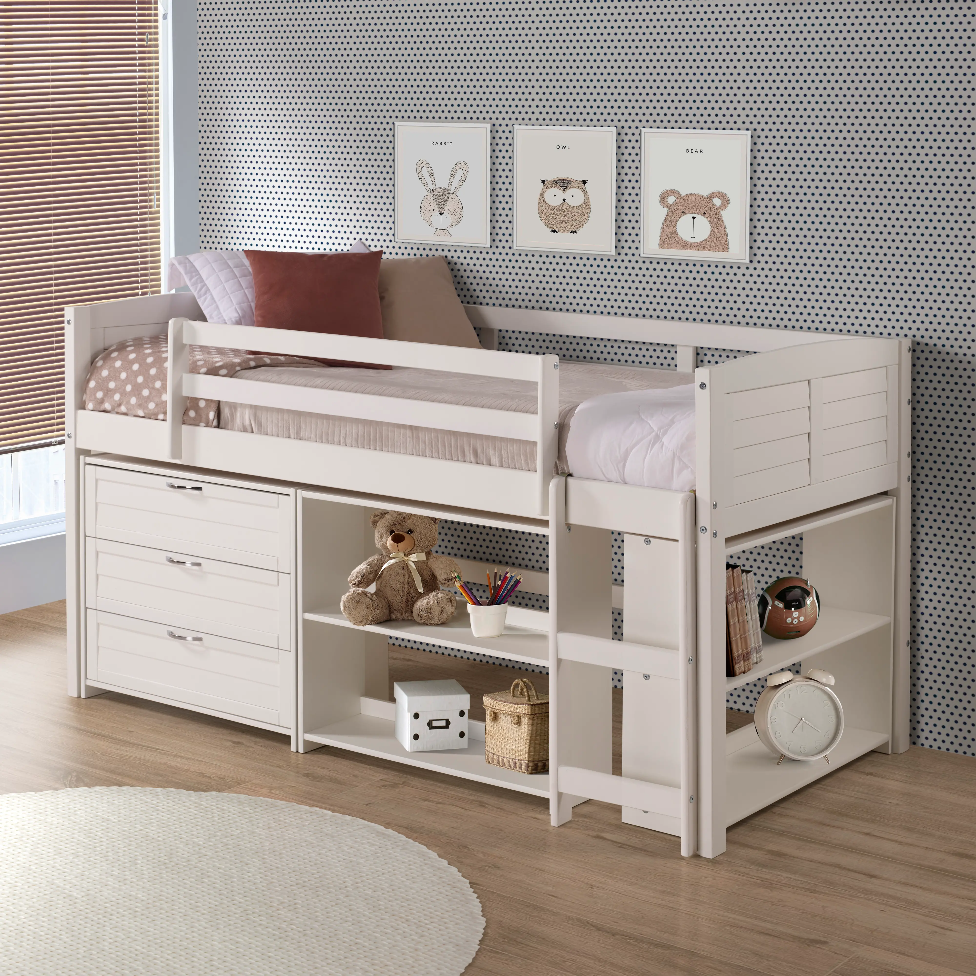 Louver White Low Loft Bed Style C-2