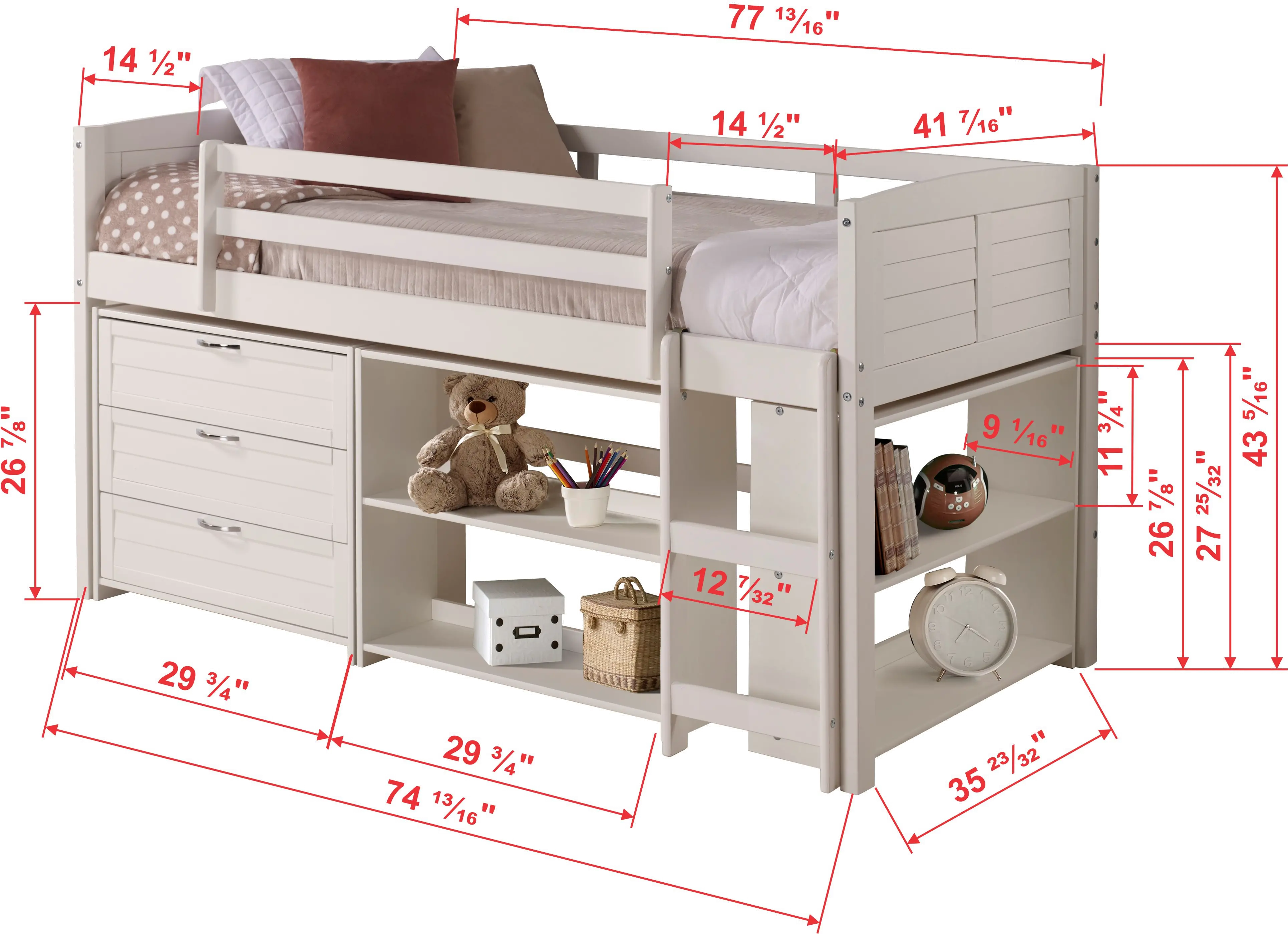 Louver White Low Loft Bed Style C-5