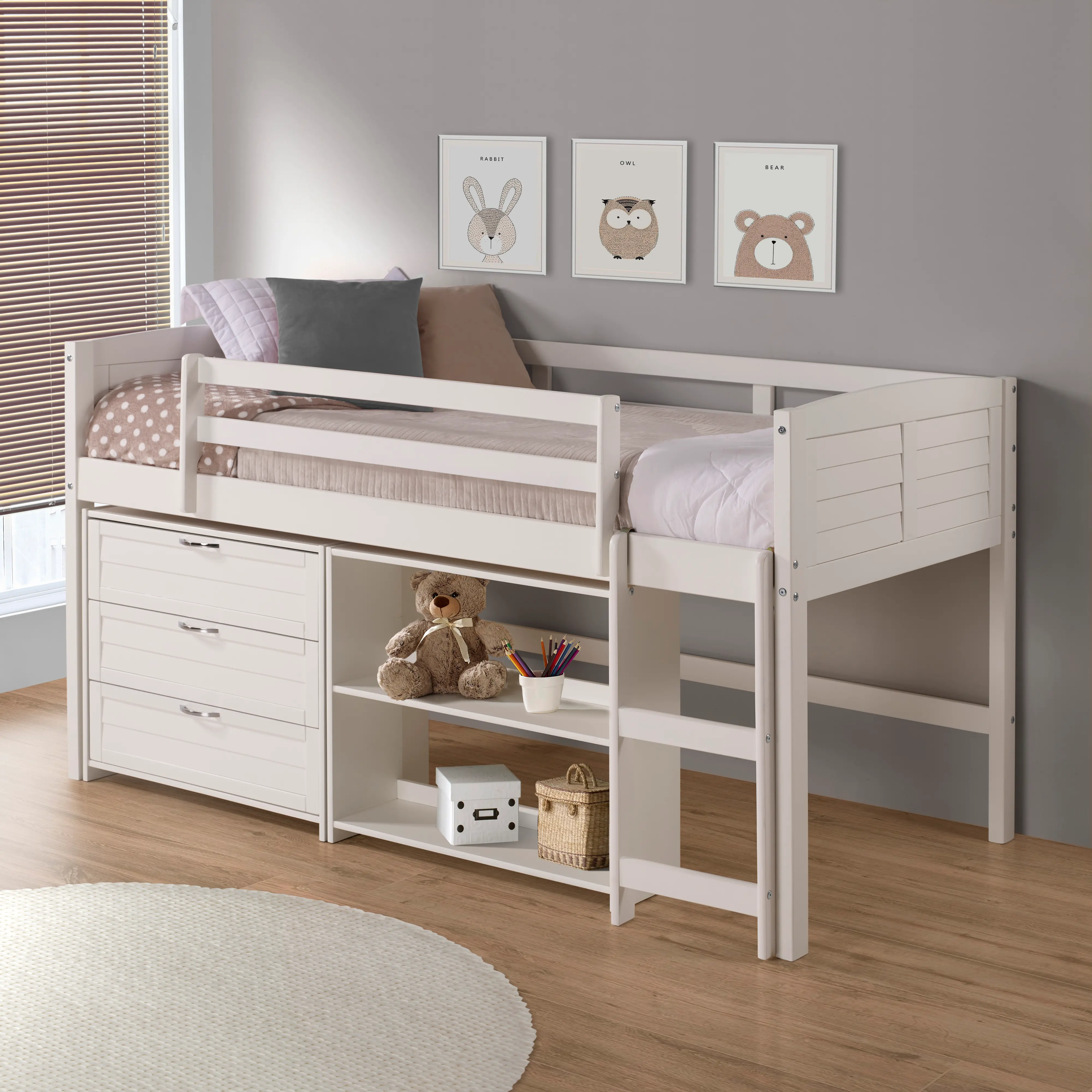Louver White Low Loft Bed Style E-2