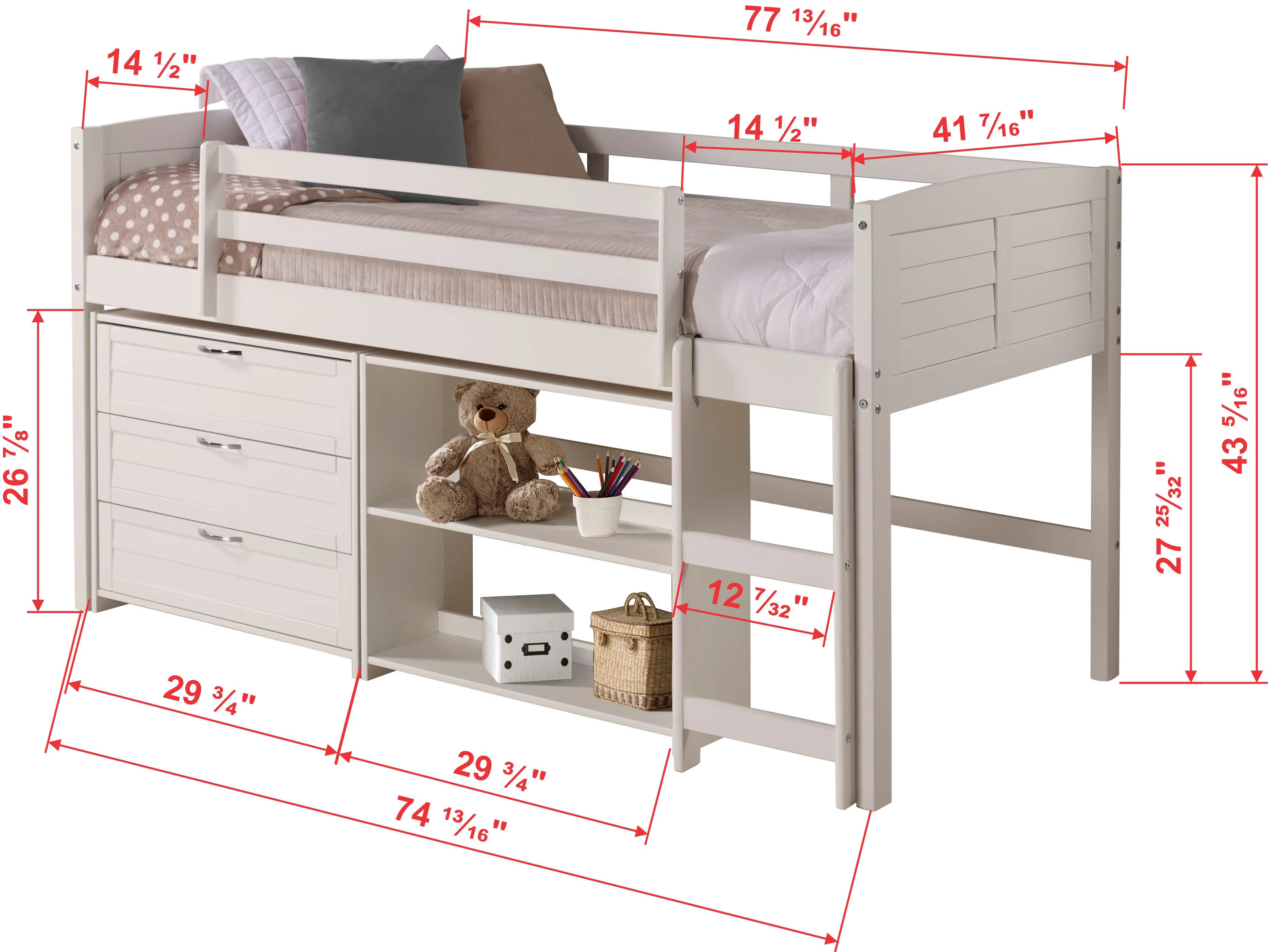 Louver White Low Loft Bed Style E-5