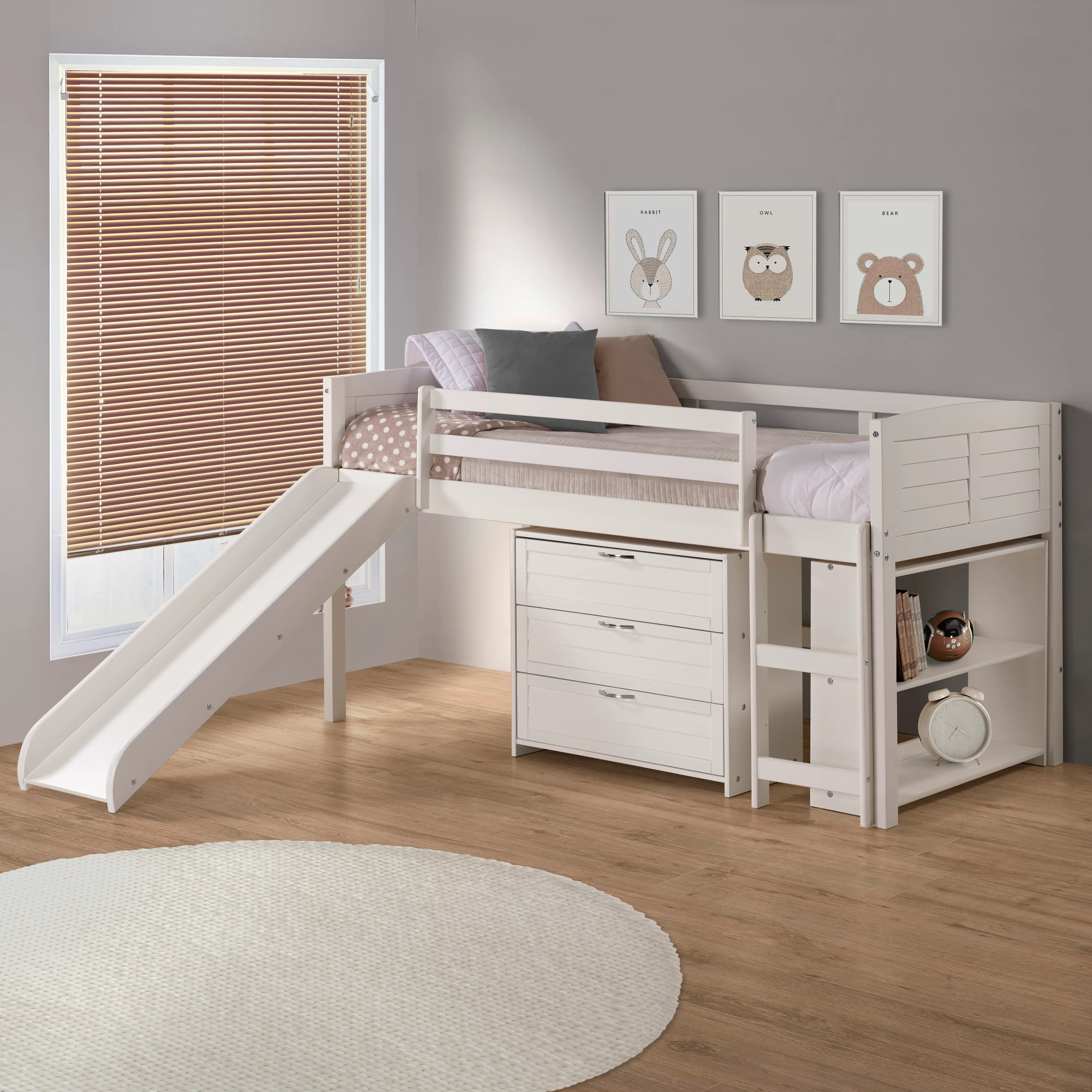 Louver White Low Loft Bed Style F-2