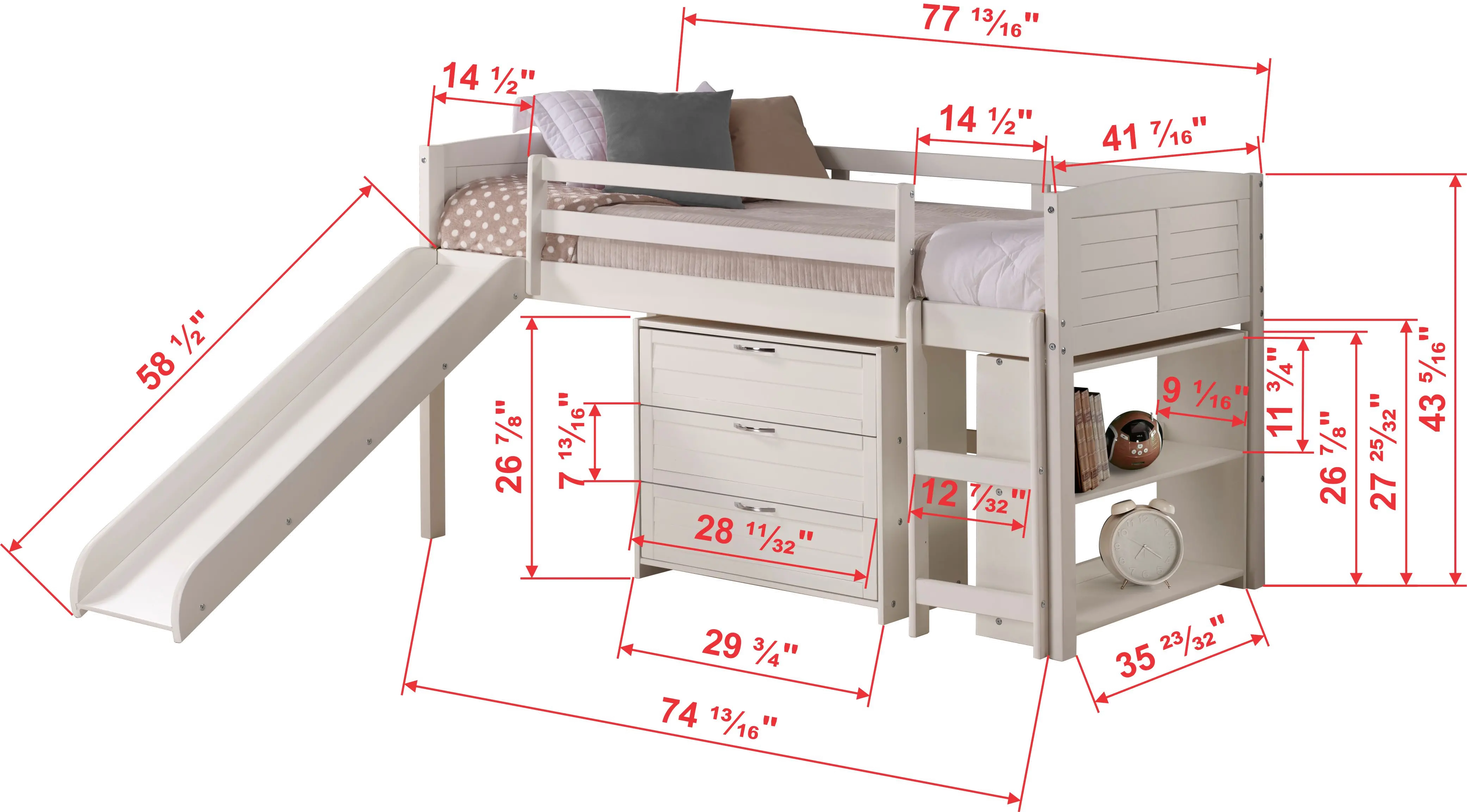 Louver White Low Loft Bed Style F-4