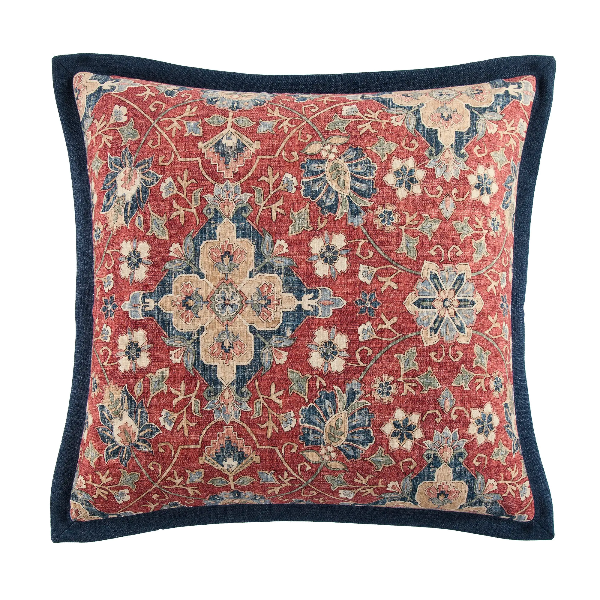 Melinda Red, Navy, Cream, and Green Washed Linen Euro Sham-1