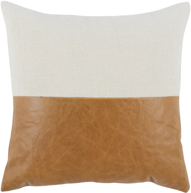 Ivory Cotton Linen and Chestnut Leather Throw Pillow - Canyon