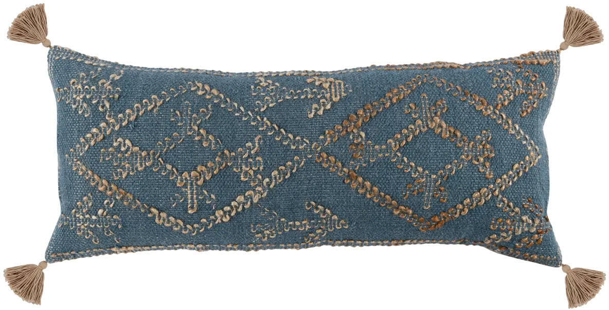 Farm Blue and Natural Throw Pillow with Tassels-1