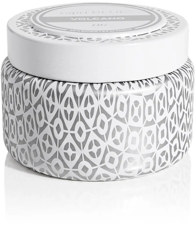 8.5 oz Volcano Signature White and Silver Printed Travel Tin Candle