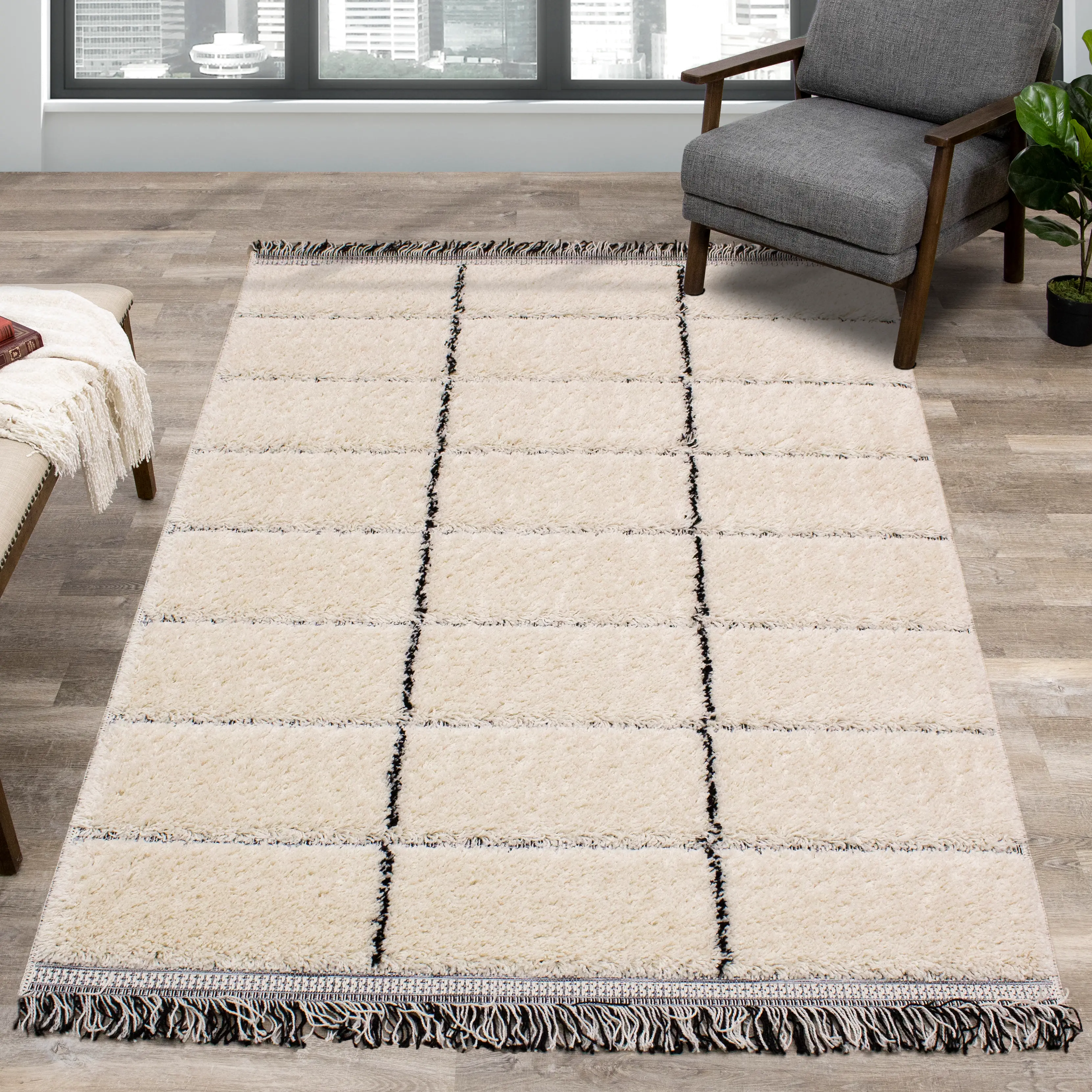Novato 5 x 8 Contemporary Square Cream Shag Rug-2