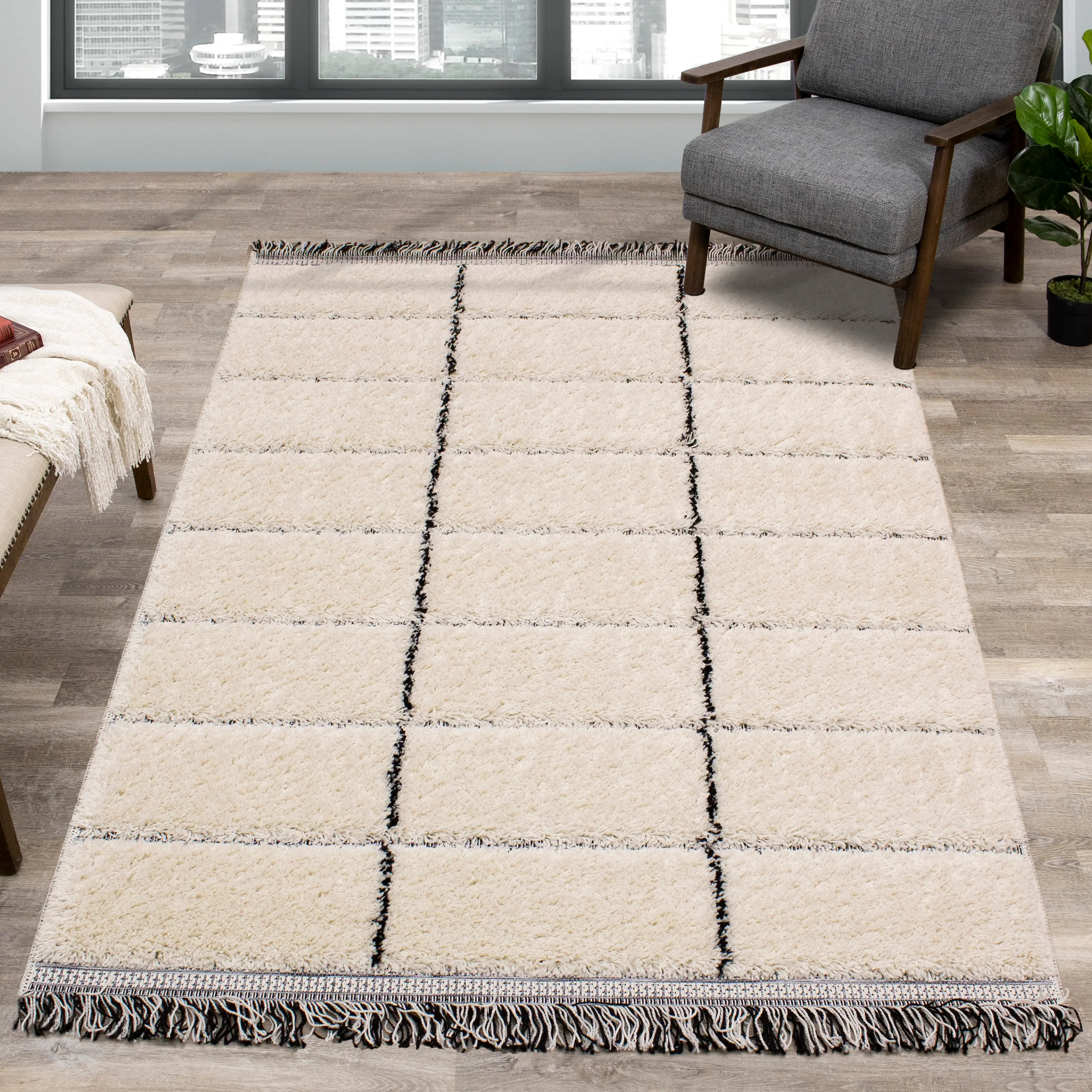 Novato 8 x 11 Contemporary Square Cream Shag Rug-2