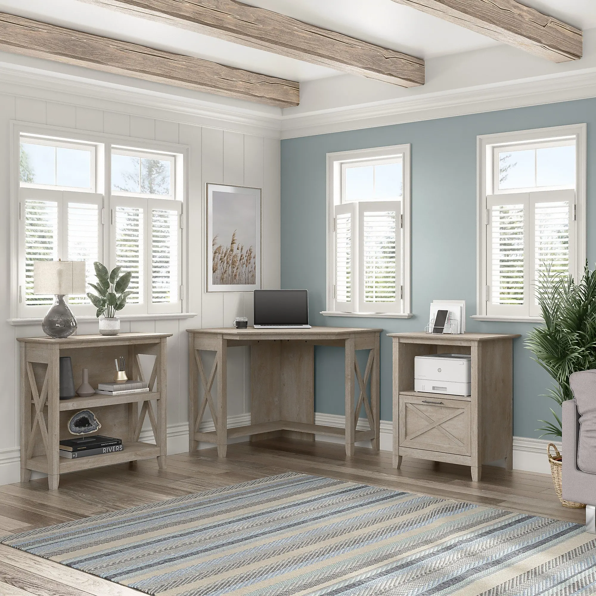 KWS050WG Key West Farmhouse Washed Gray Corner Desk with 2-Shelf Bookcase, and File Cabinet-1