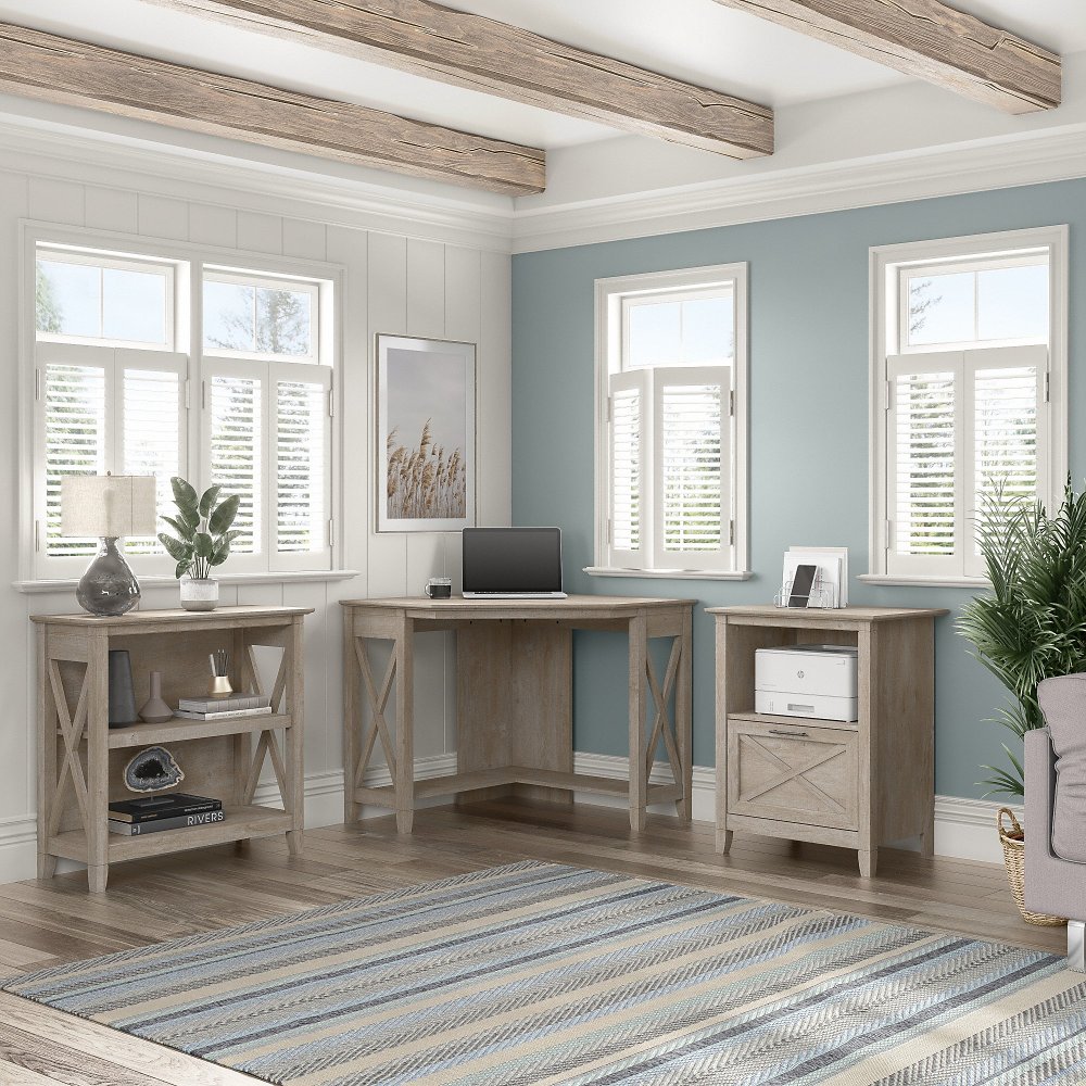 Key West Farmhouse Washed Gray Corner Desk with 2-Shelf Bookcase and File Cabinet