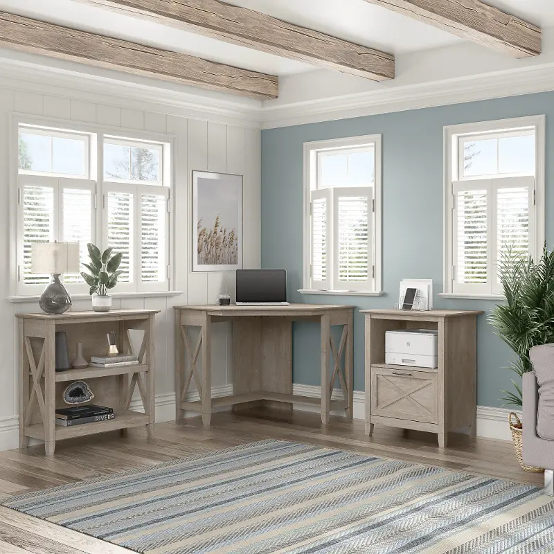 Key West Farmhouse Washed Gray Corner Desk with 2-Shelf Bookcase, and File Cabinet