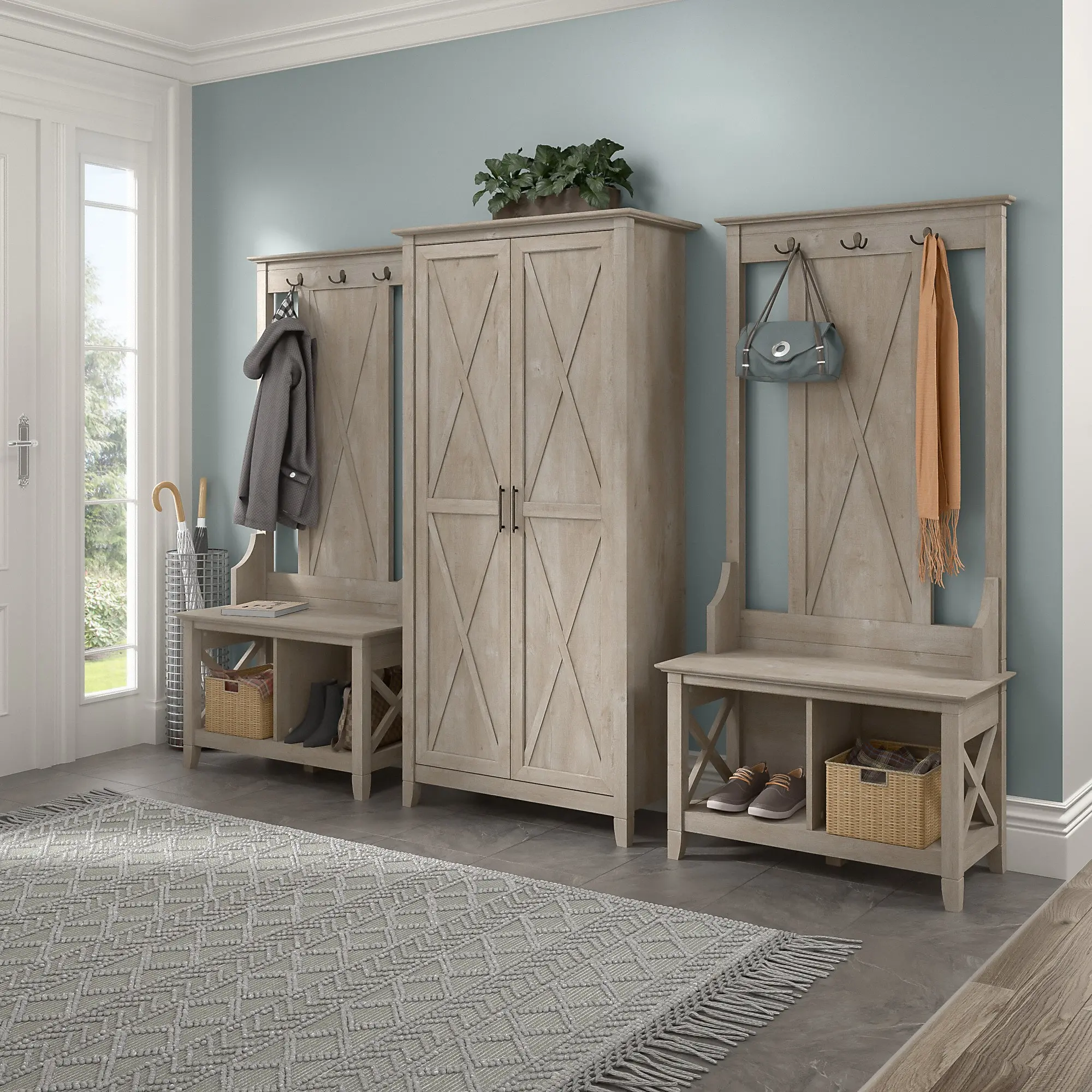 KWS166WG-03 Key West Farmhouse Washed Gray Shoe Bench and Hall Tree - Bush Furniture-2